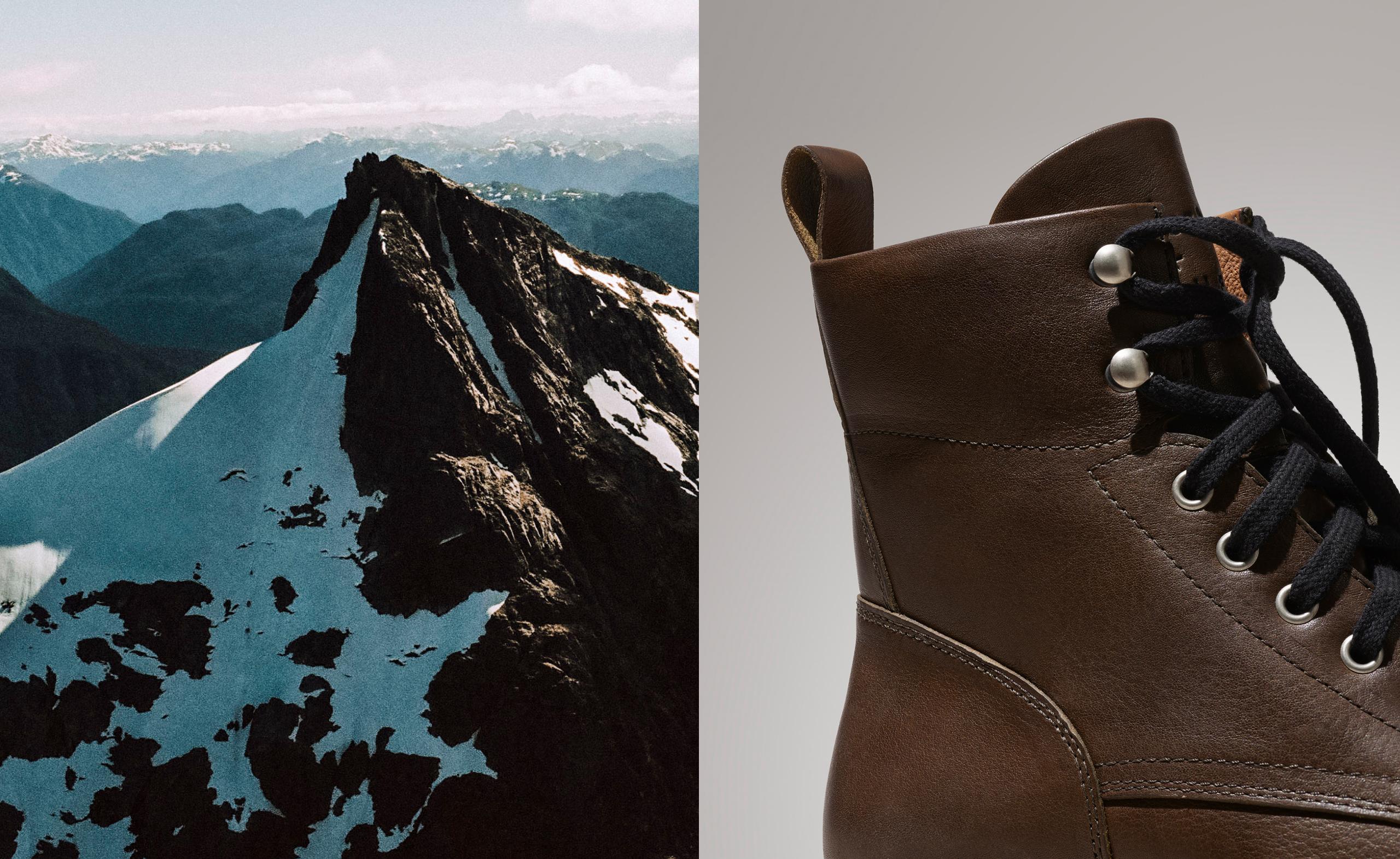 Snowy mountain peak in Patagonia juxtaposed next to a tight crop of the tall leather Canyon Boots