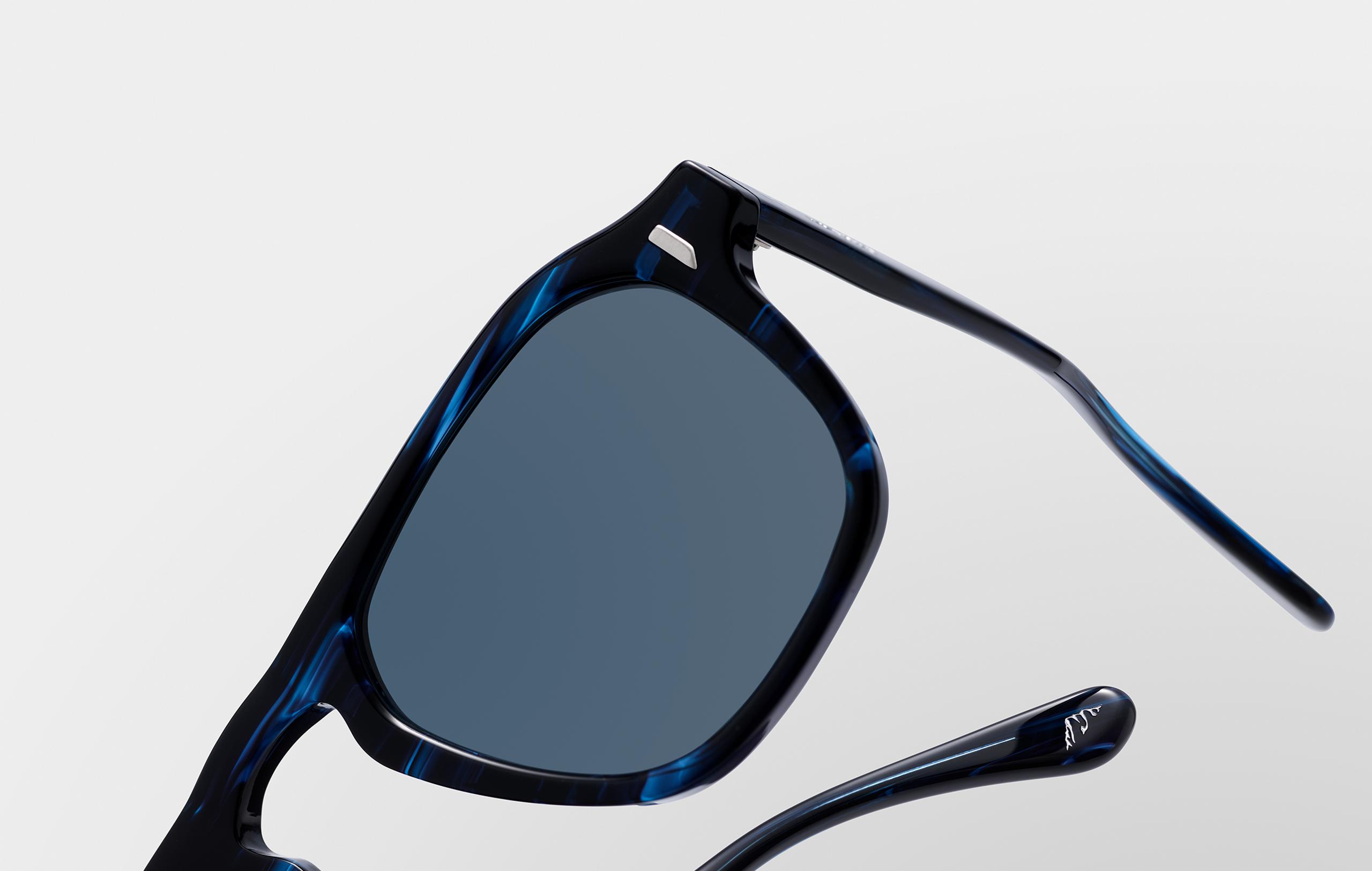 Closeup detail of Sequoia sunglasses in Blue Tortoise