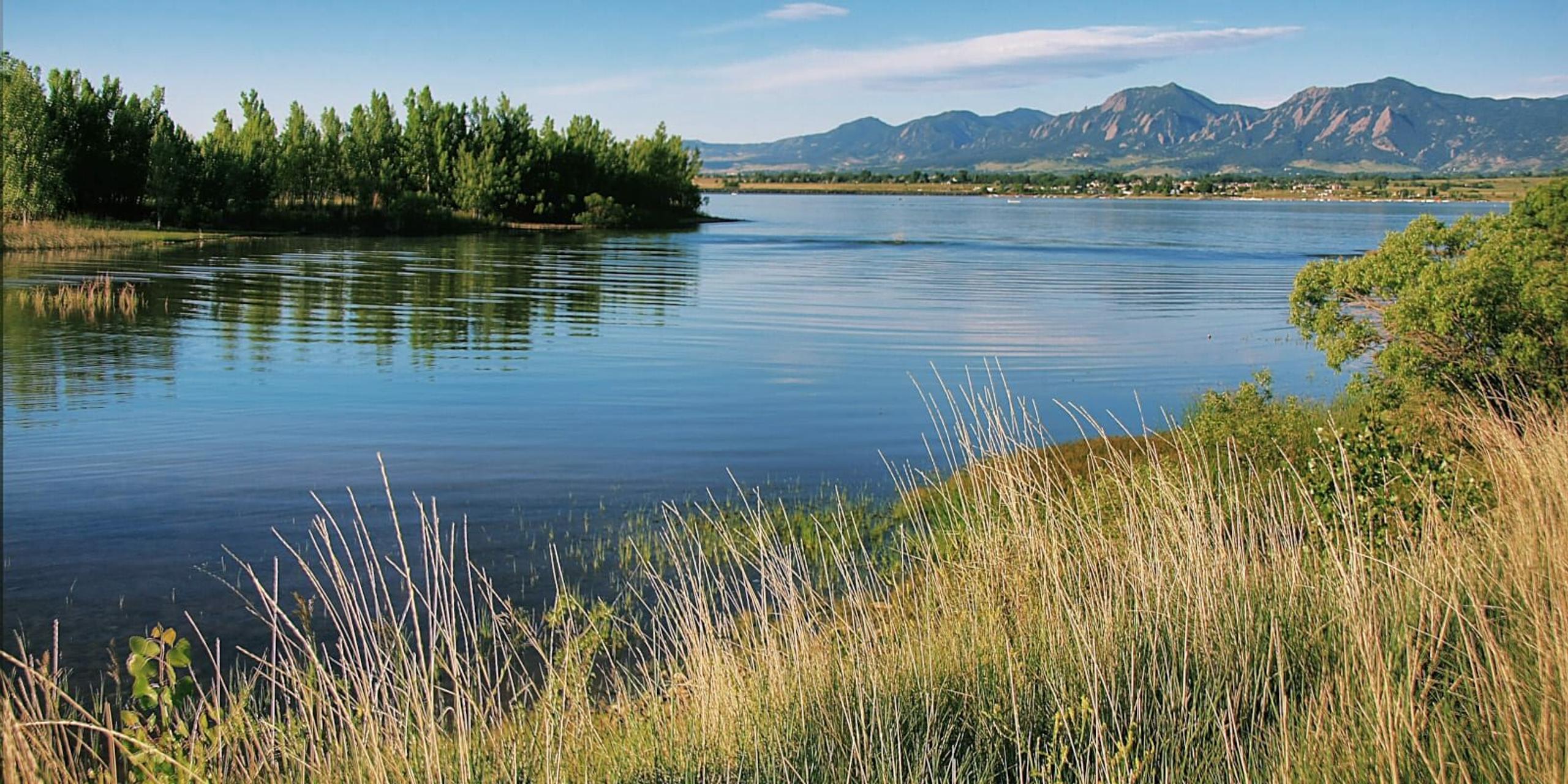 Landscape of Boulder Reservoirwith grass in foreground and mountains in background