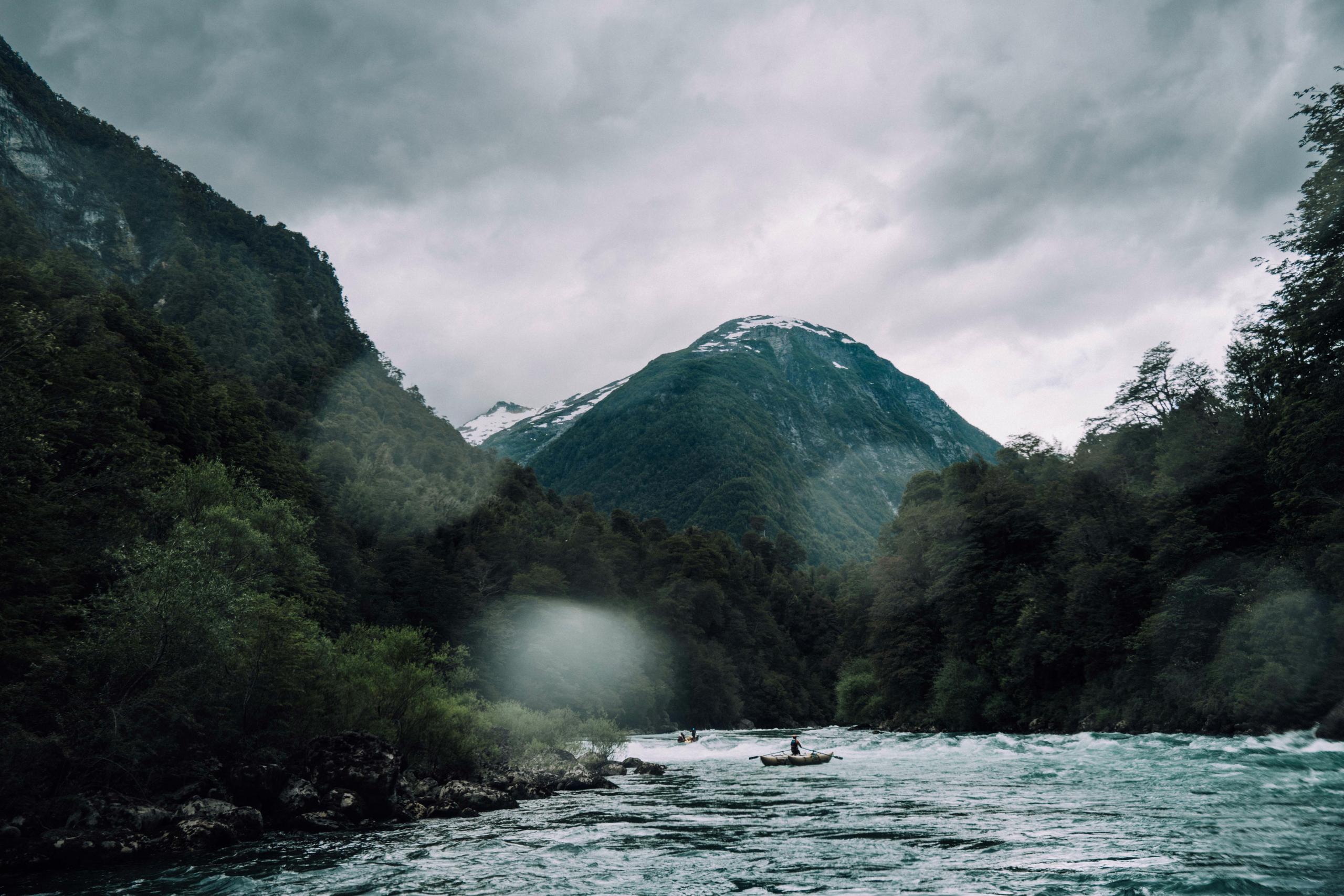 Whitewater rafts going down river in Patagonia