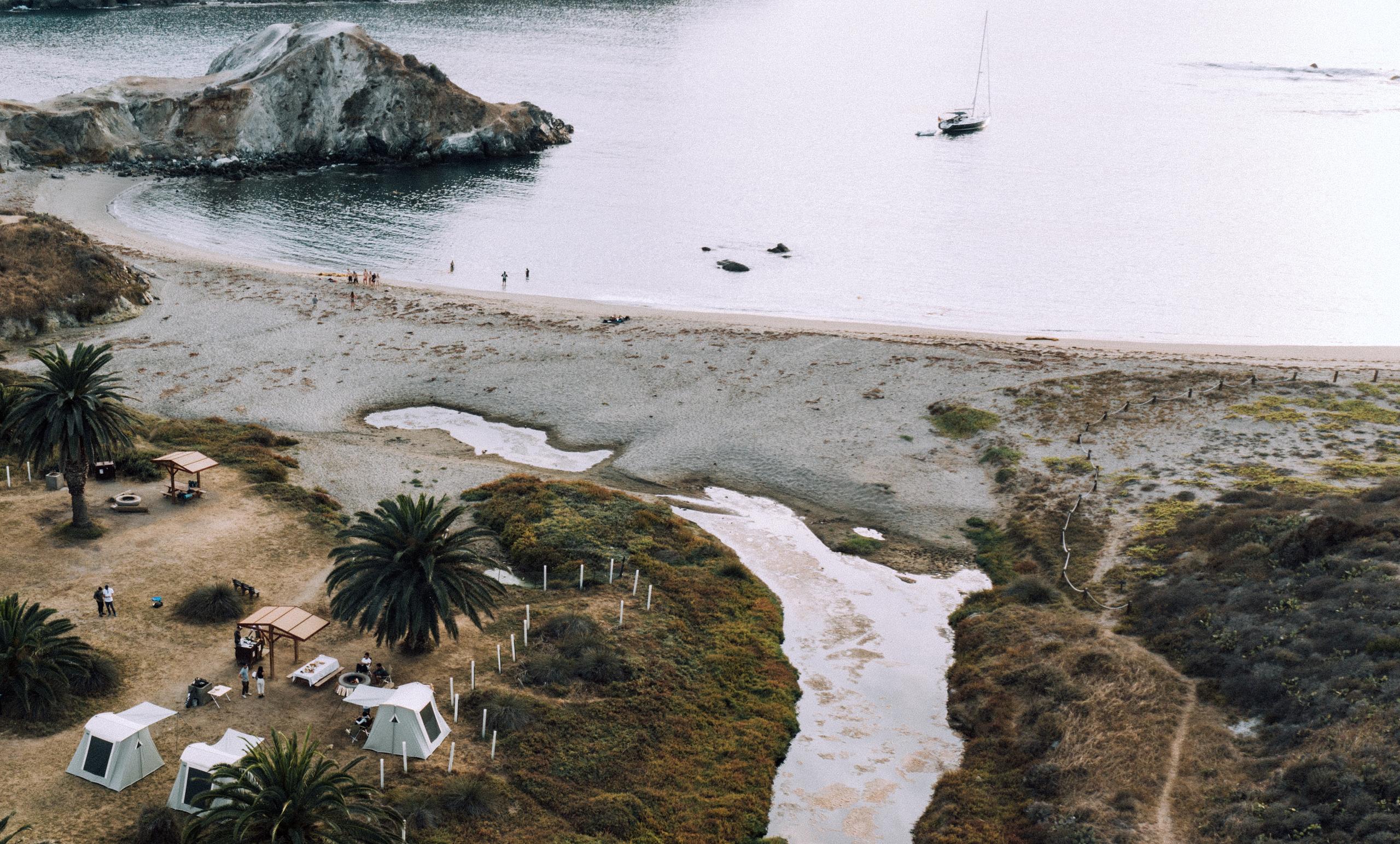 Aerial view of campsite on Catalina Island beach