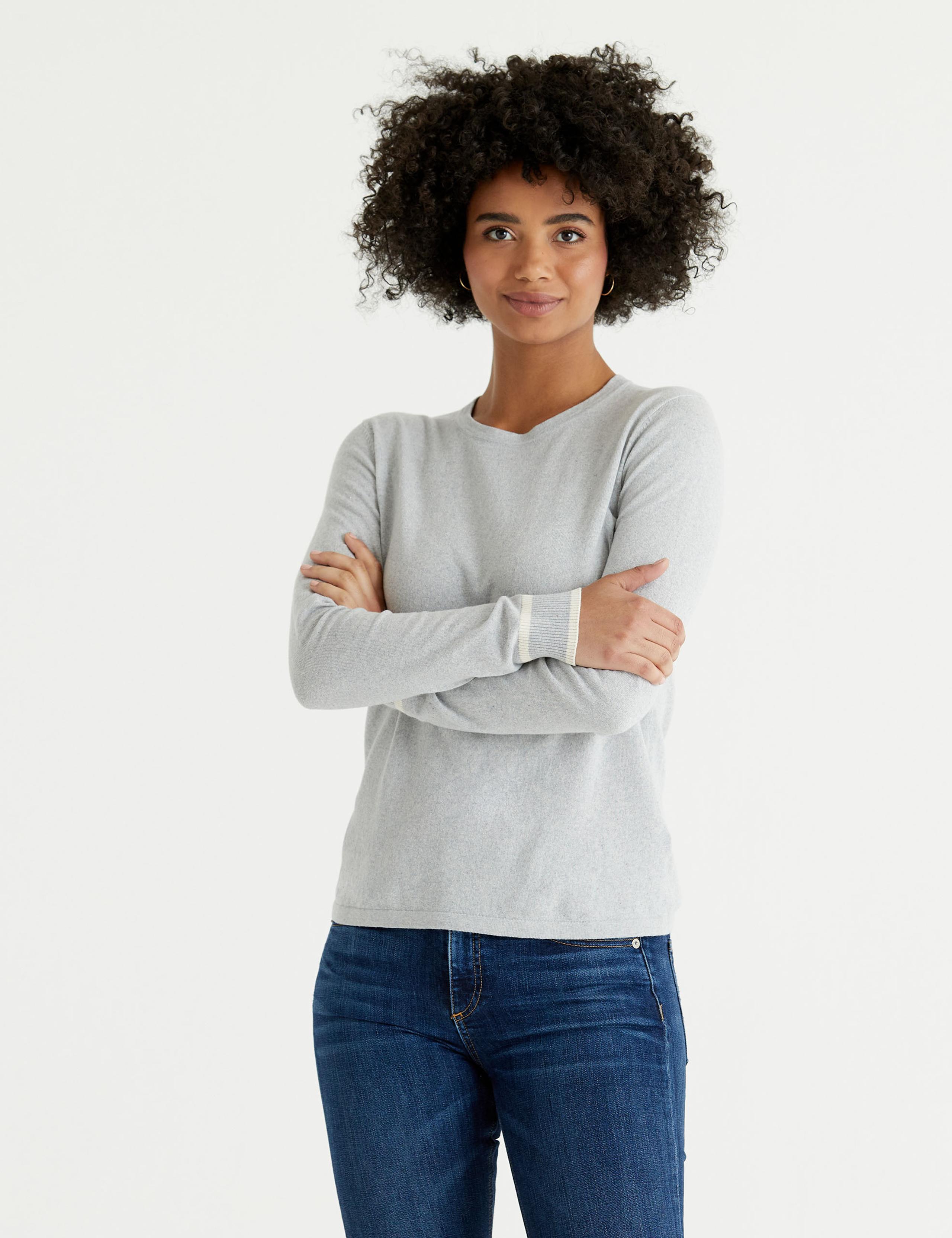 Woman wearing Bay Sweater in Marino Blue