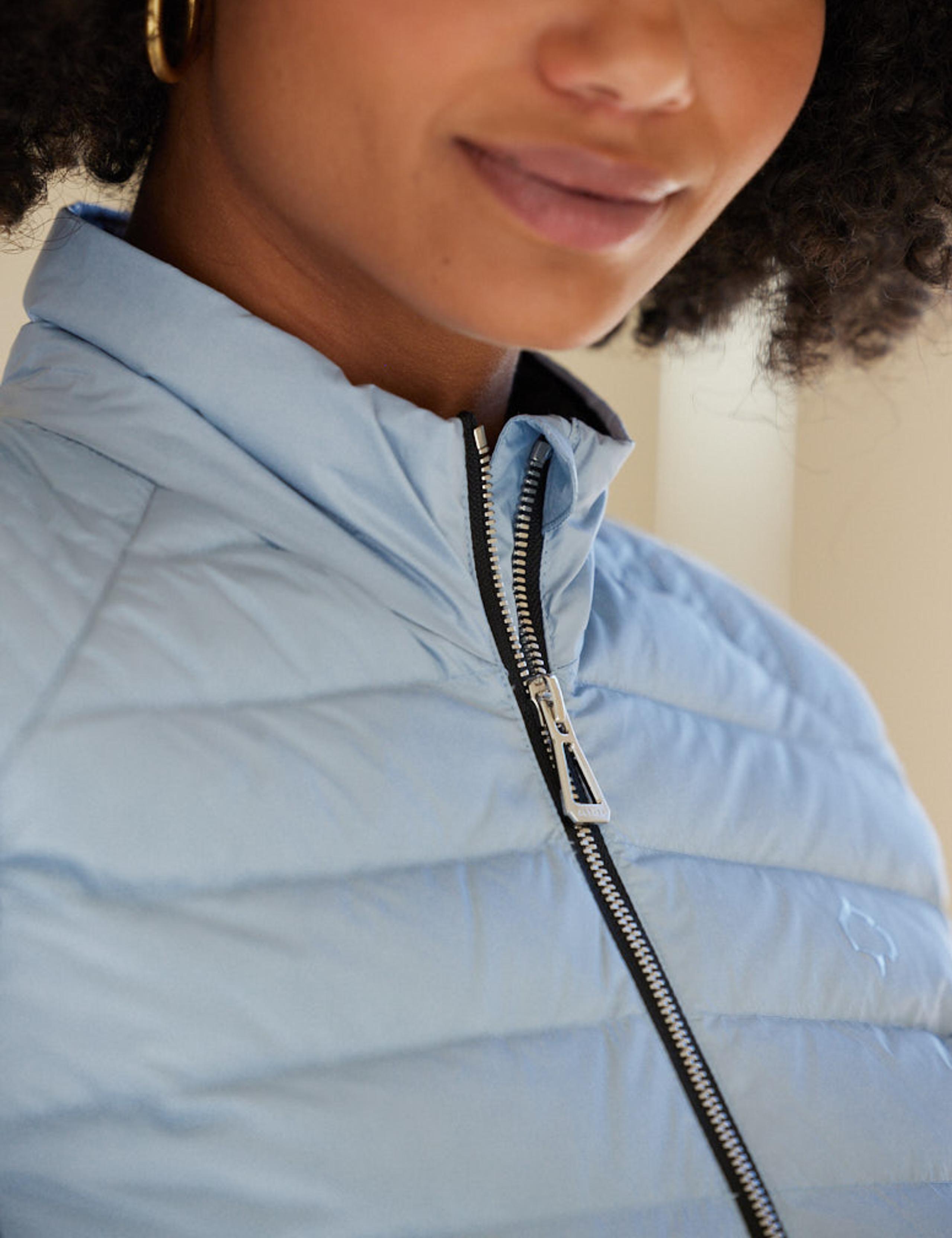 Closeup of front zipper and jacket neckline