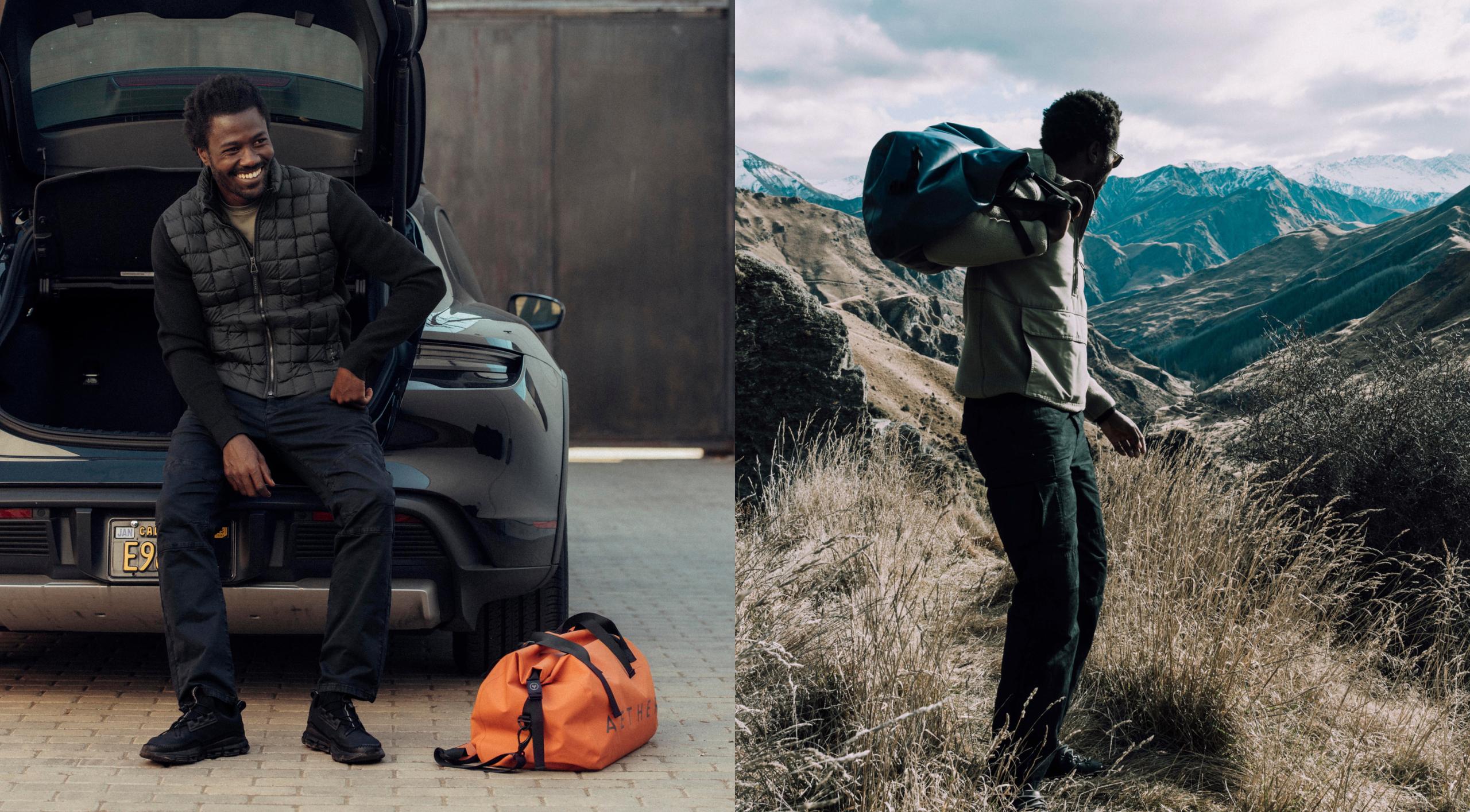 Juxtaposed photos of man sitting on back of Porsche with AETHER duffle bag next to the same man holding the duffle on mountainside in New Zealand