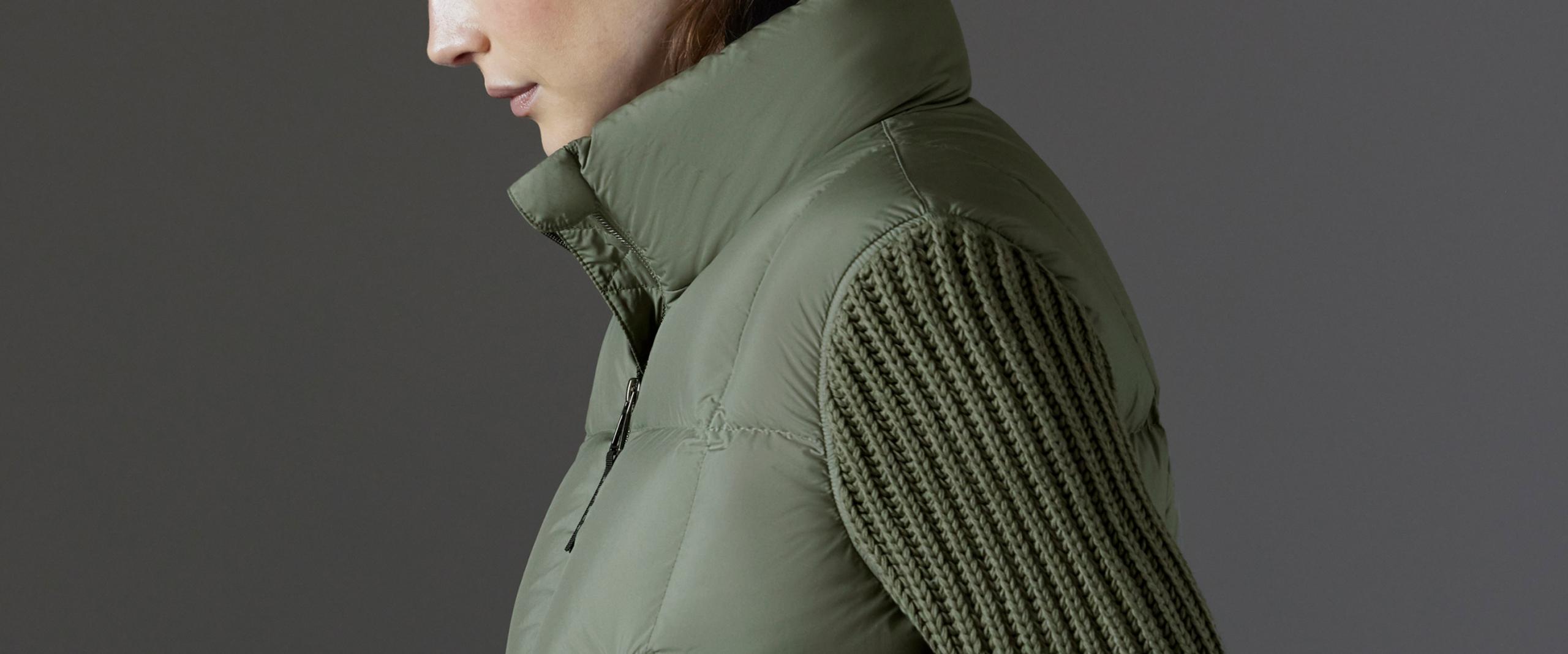 Closeup of shoulder and profile detail of Nina Cardigan-Sleeve Down Jacket