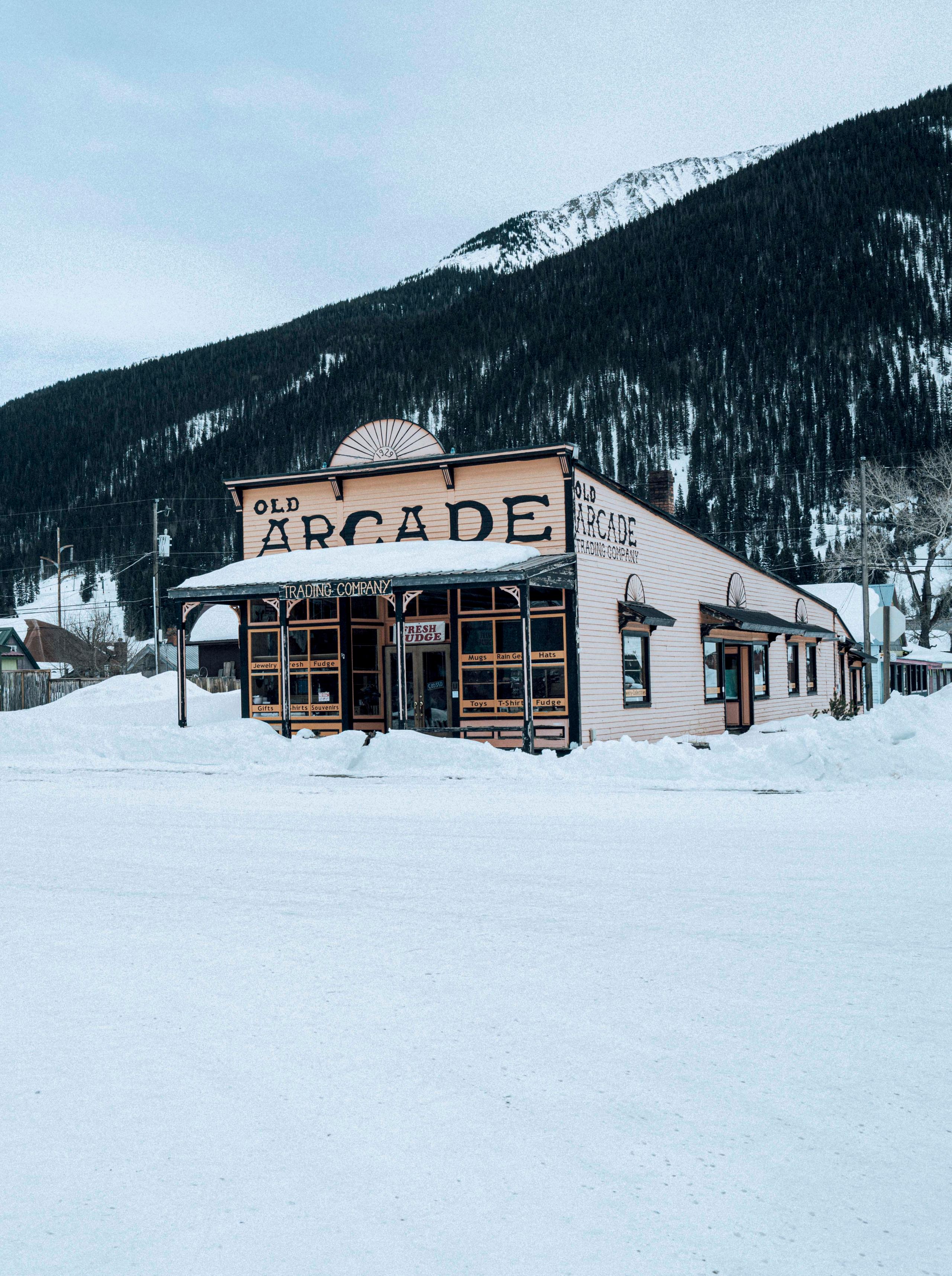 View of local arcade establishment in downtown Silverton, Colorado during the winter