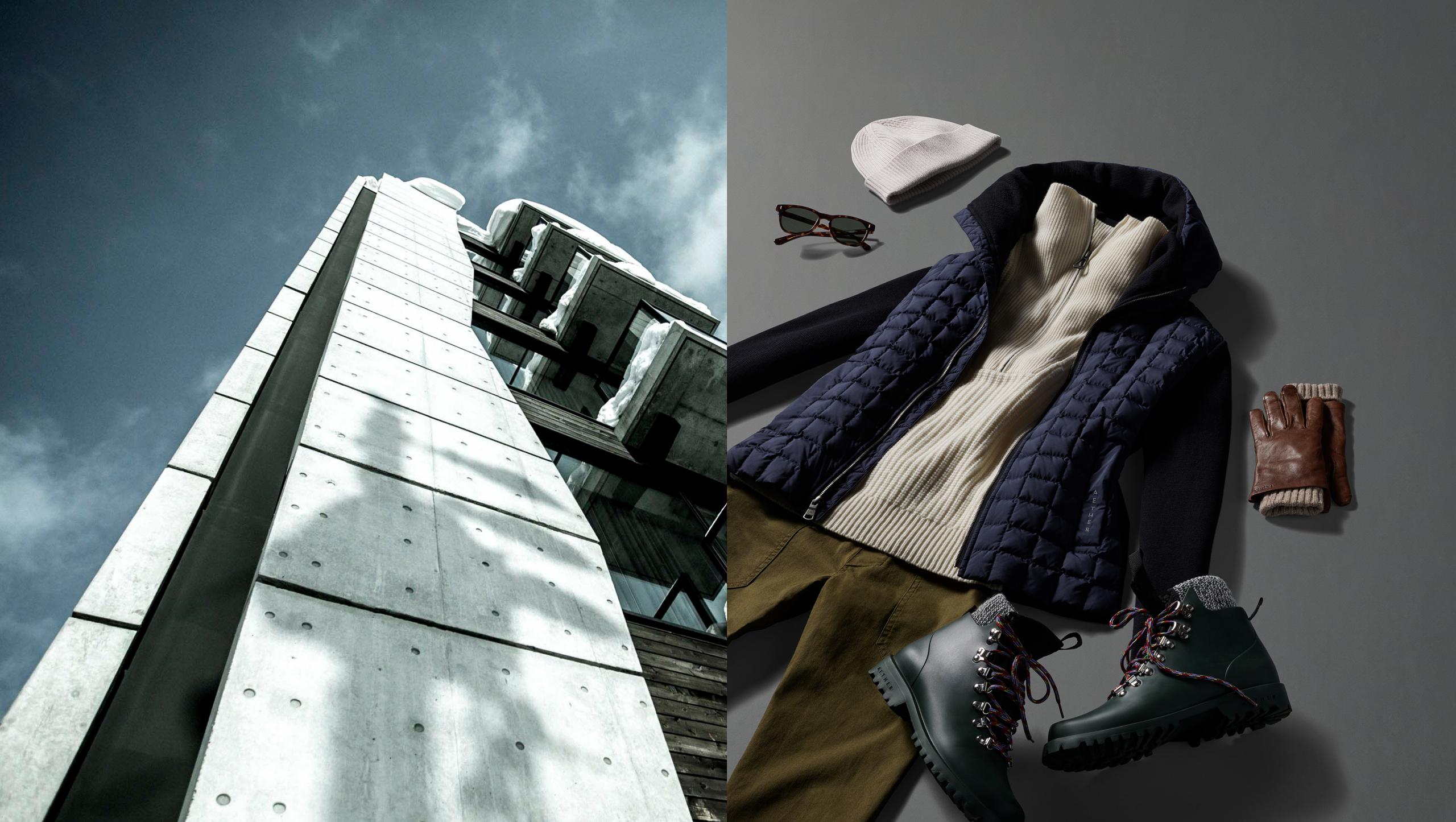Photo on left - Looking up on a snowy building in Hokkaido, Japan / Photo on right is studio laydown of AETHER outfit