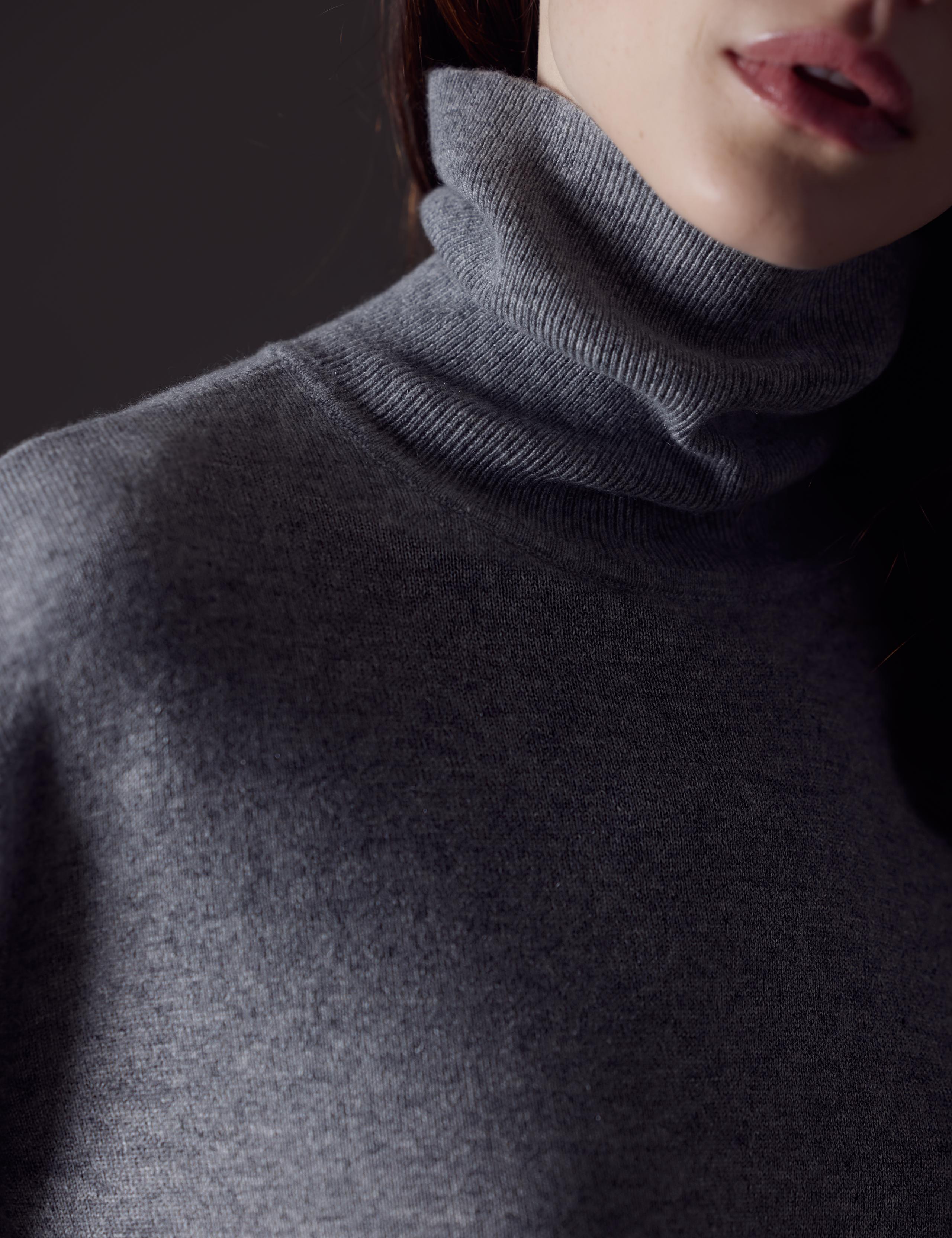 Detailed shots of the Leigh Cashmere Turtleneck Sweater.