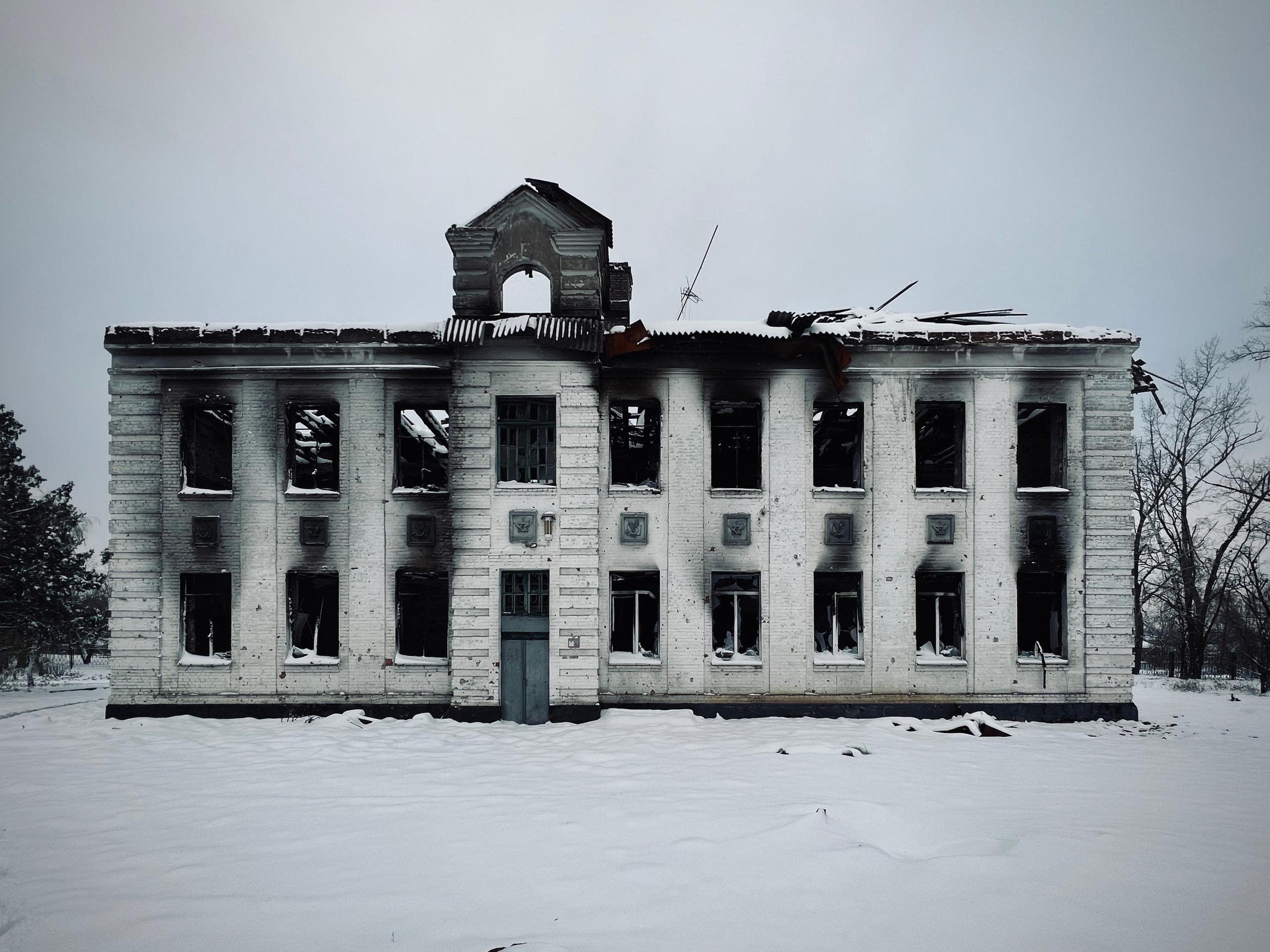 Ukranian school with blown out windows from attacks