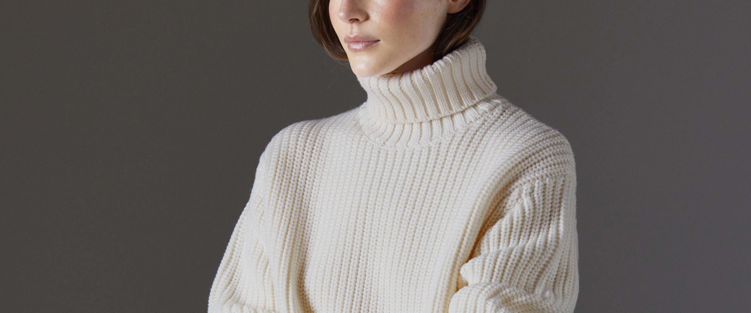 Closeup detail of chest and neck of the Sherwood Turtleneck Sweater