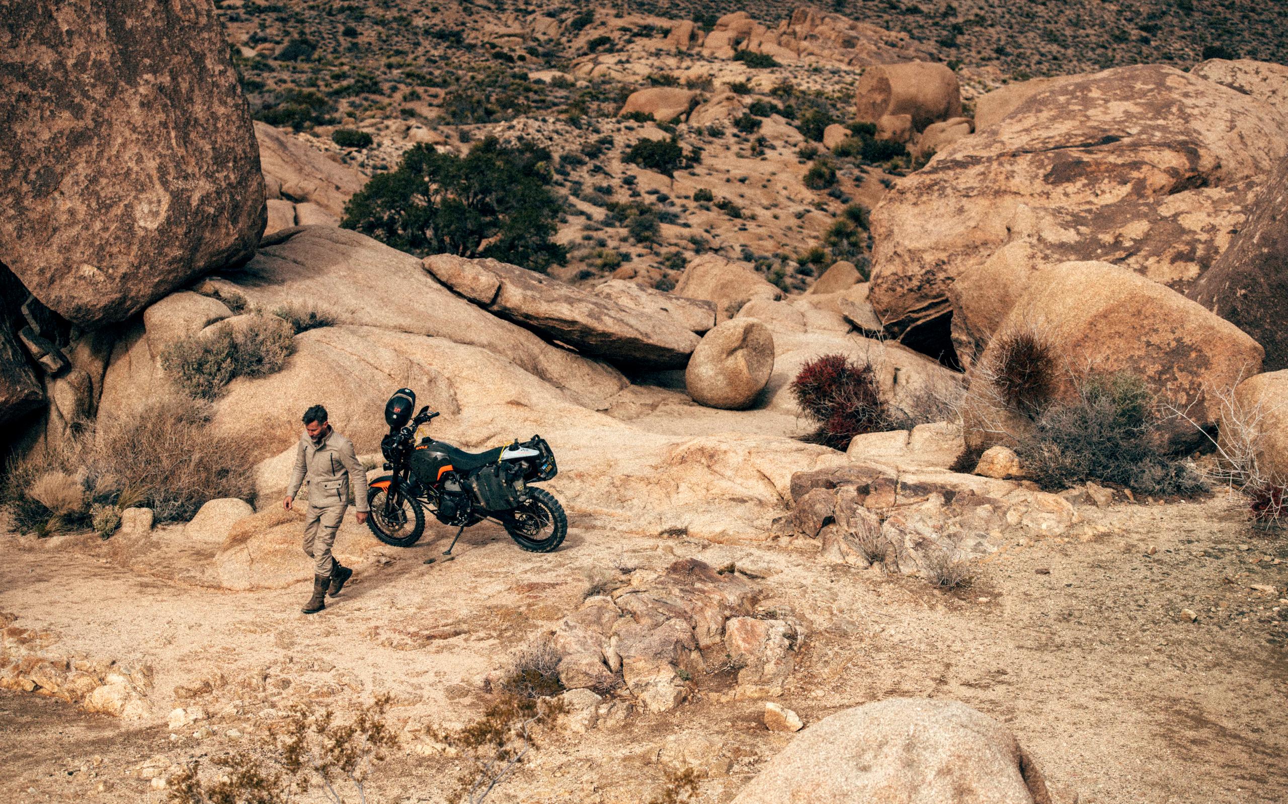 Men wearing Mojave Motorcycle Suite in desert