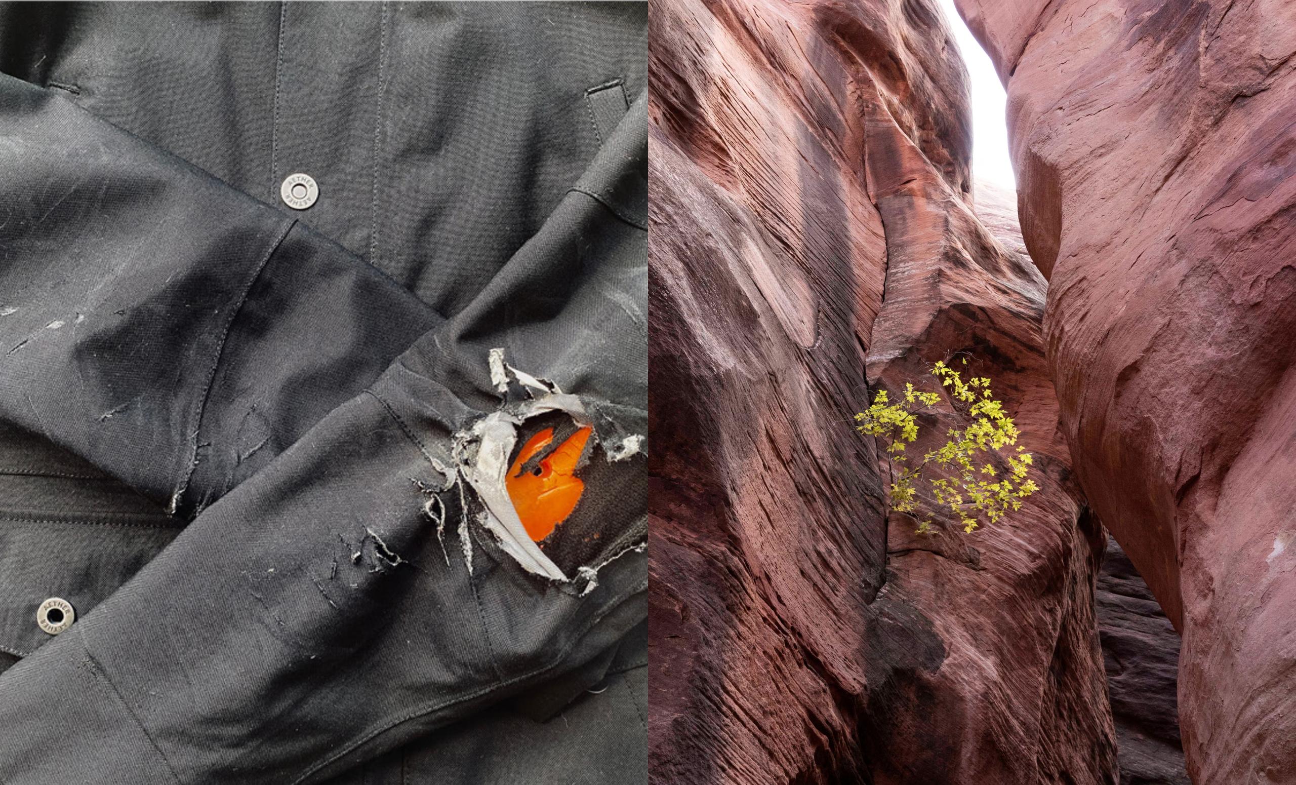 Photo of torn AETHER moto jacket juxtaposed with photo of yellow plant inside slot canyon in Utah