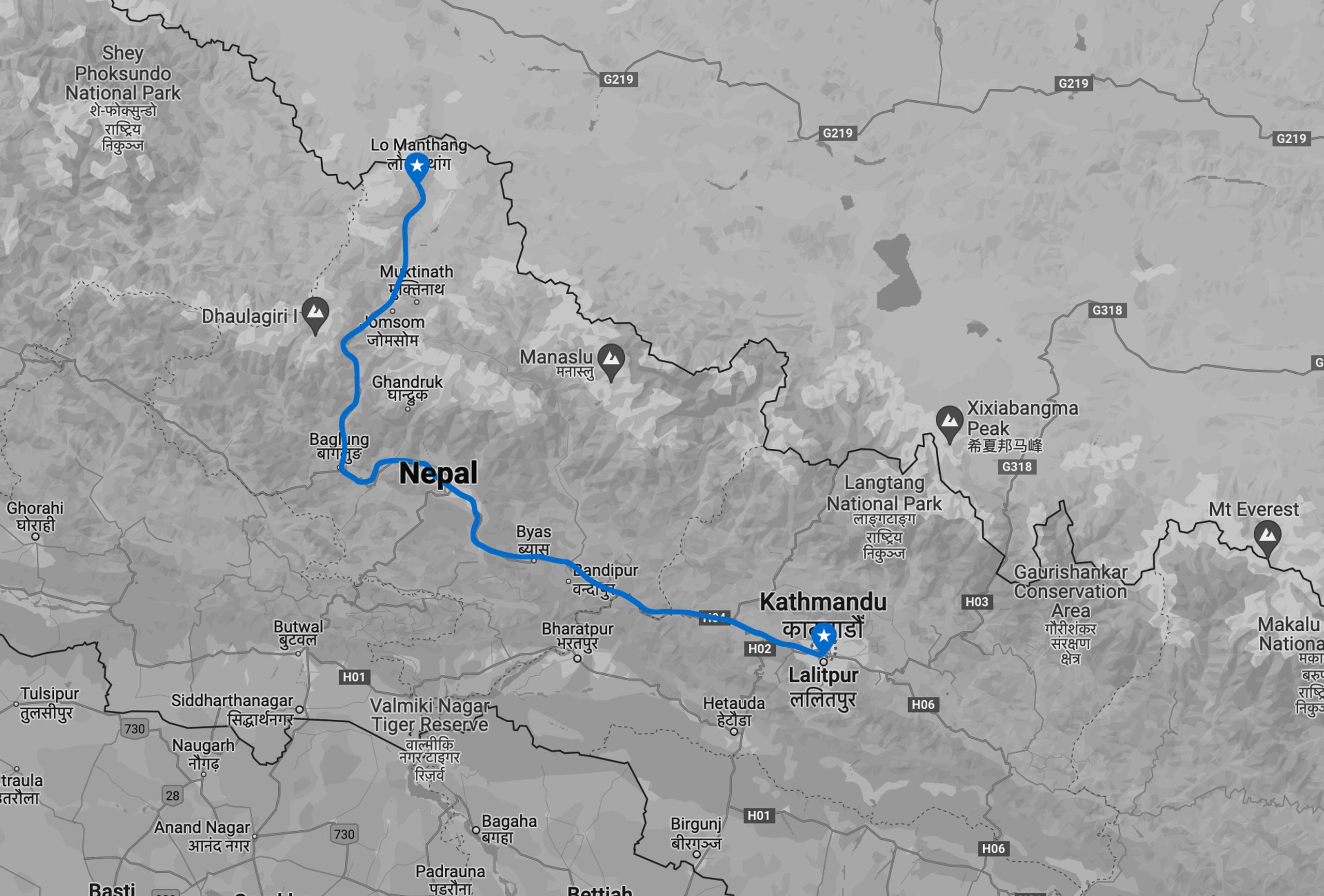 Map indicating trip from Kathamandu to Lo-Manthang