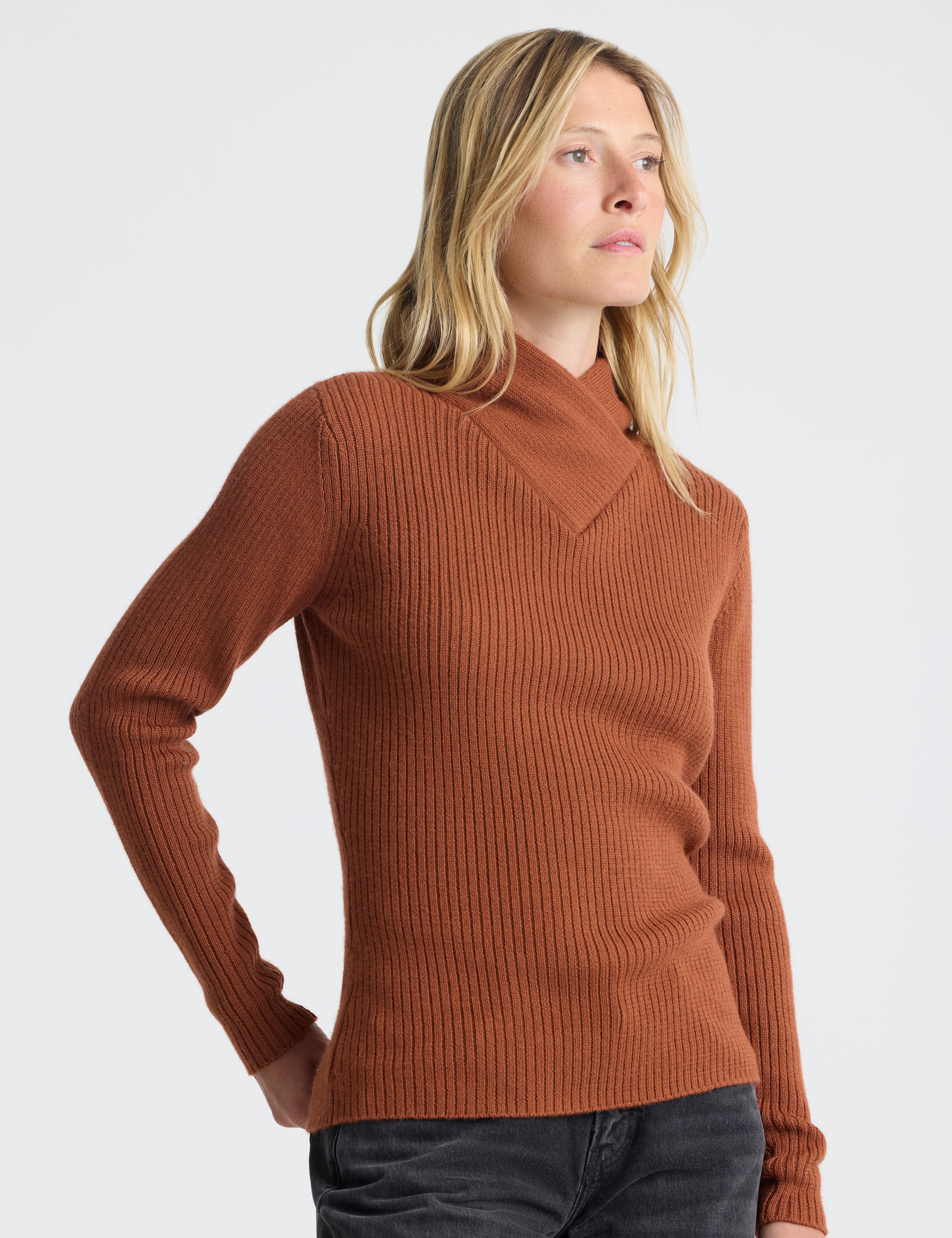 Front view of woman wearing Lexington Sweater in Redwood Rust by AETHER Apparel