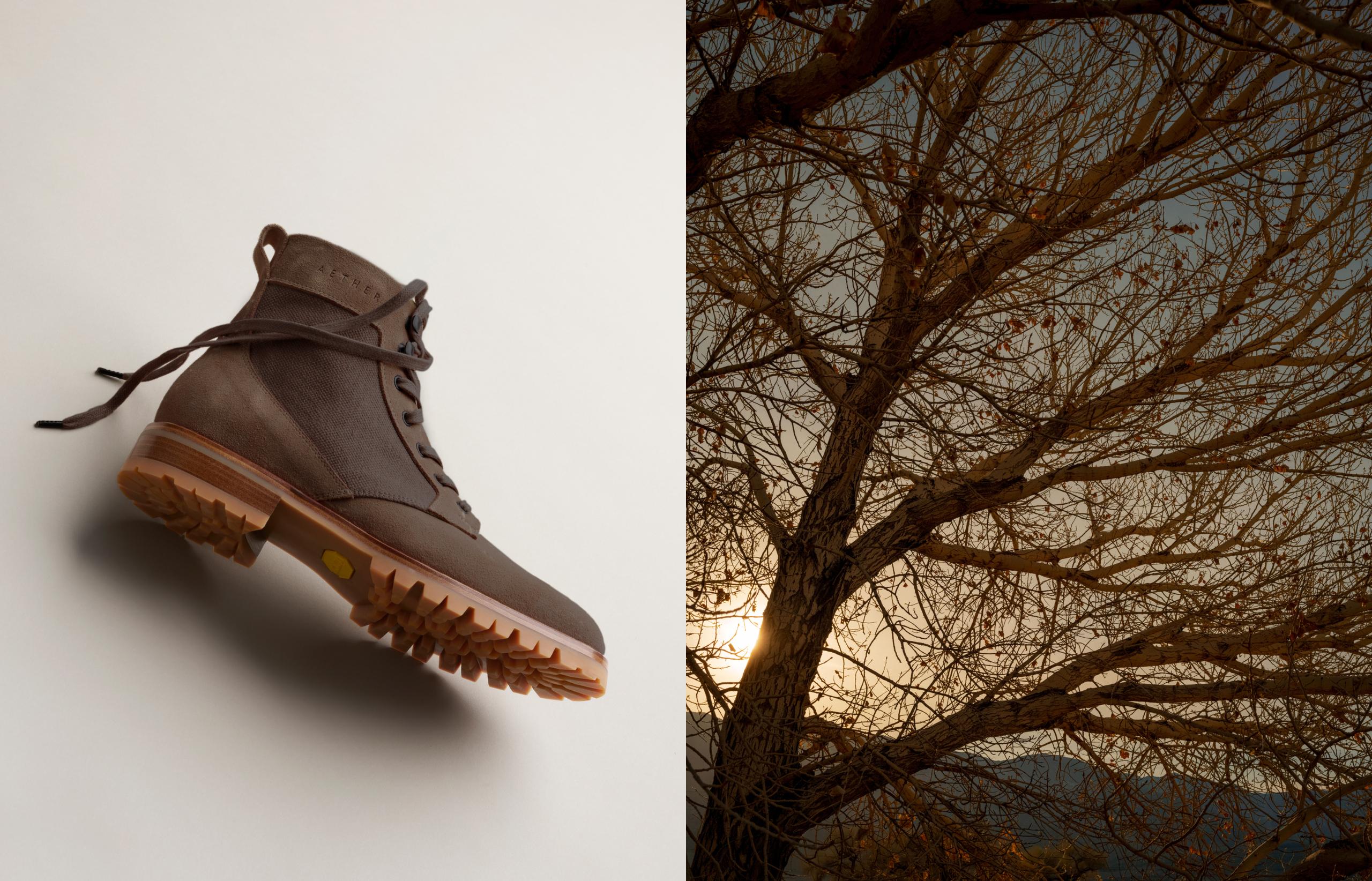 Pairing of two images, on the left a studio photo of the Ojai boot and on the right tree branches in sunset
