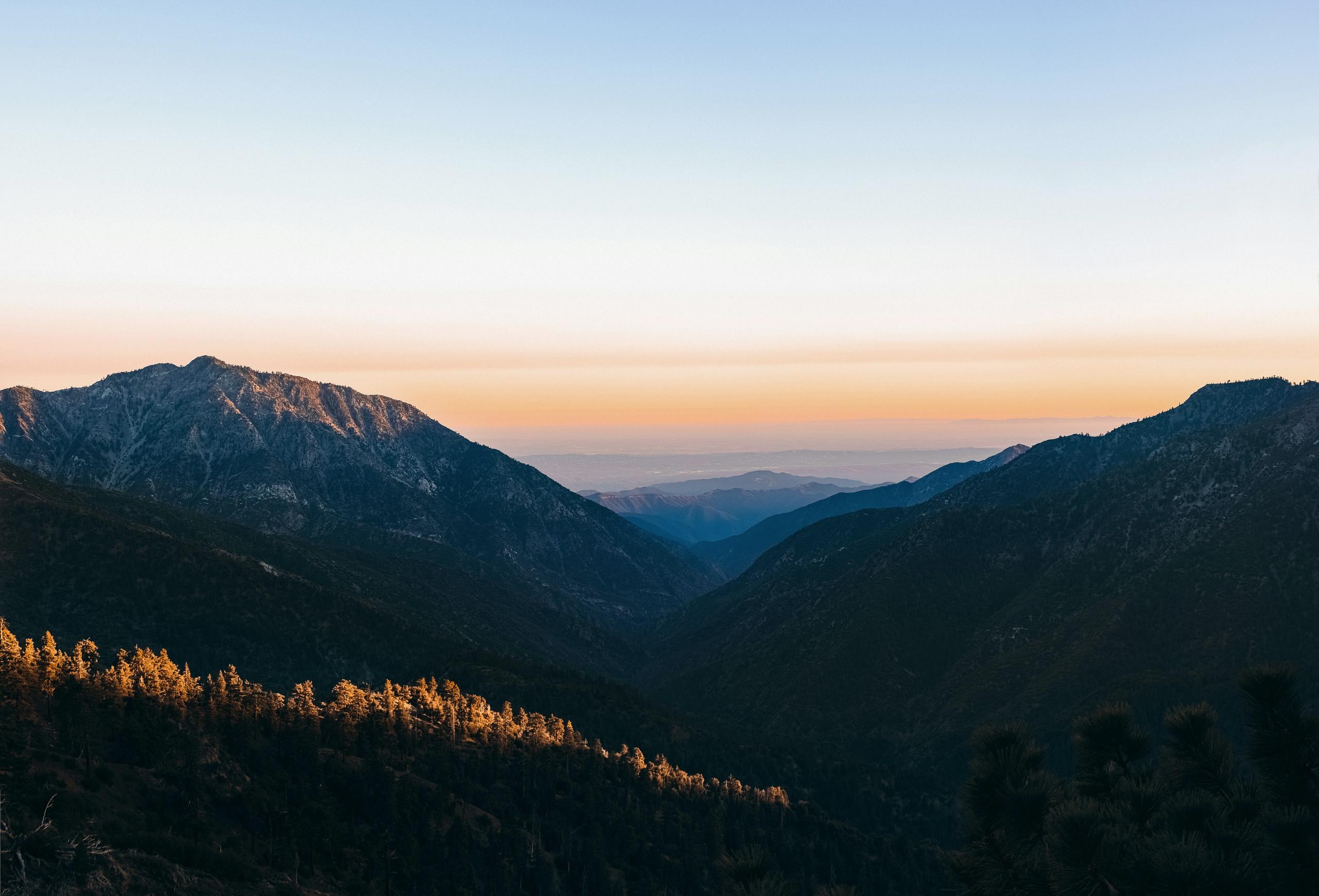 Sunset view of valley in Angeles National Forest