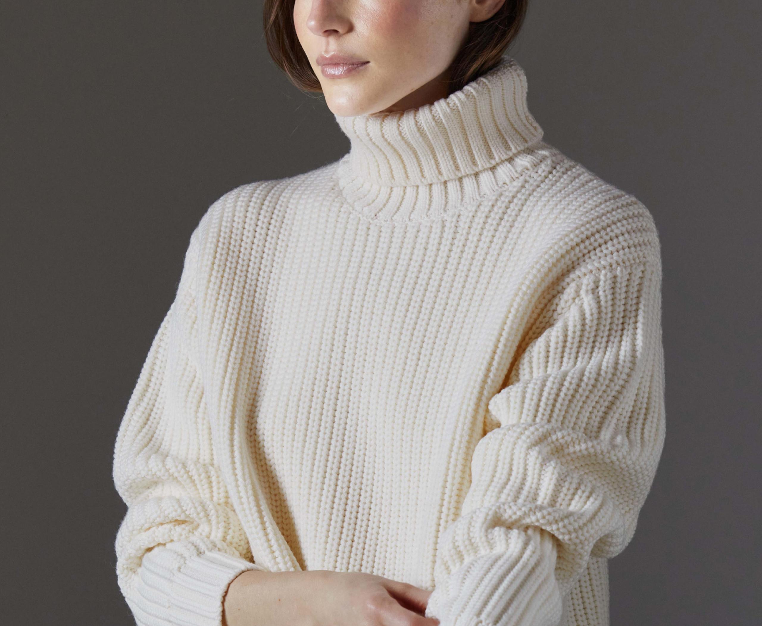 Closeup detail of chest and neck of the Sherwood Turtleneck Sweater