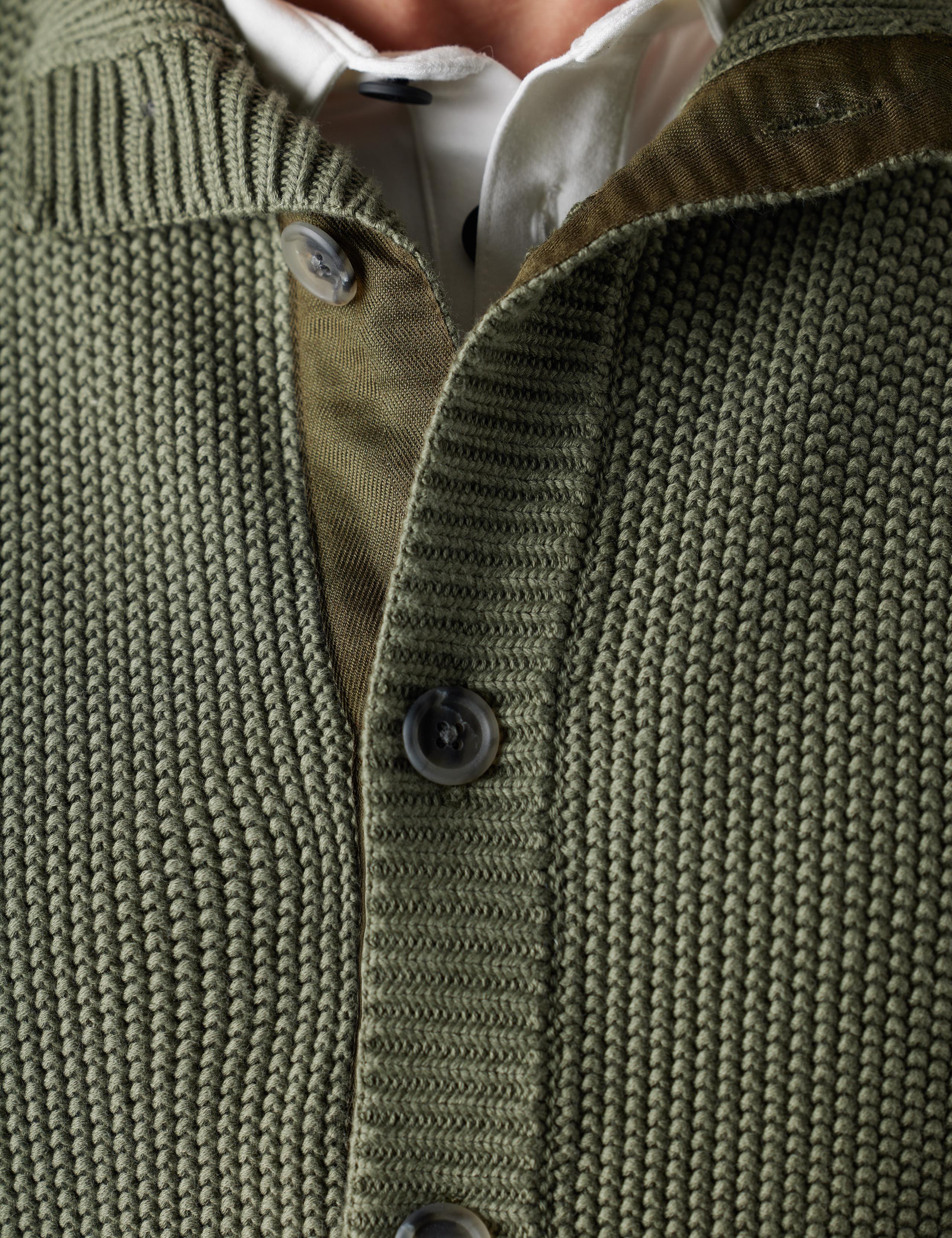 Studio closeup of Oliver Button-Up Sweater front button closure