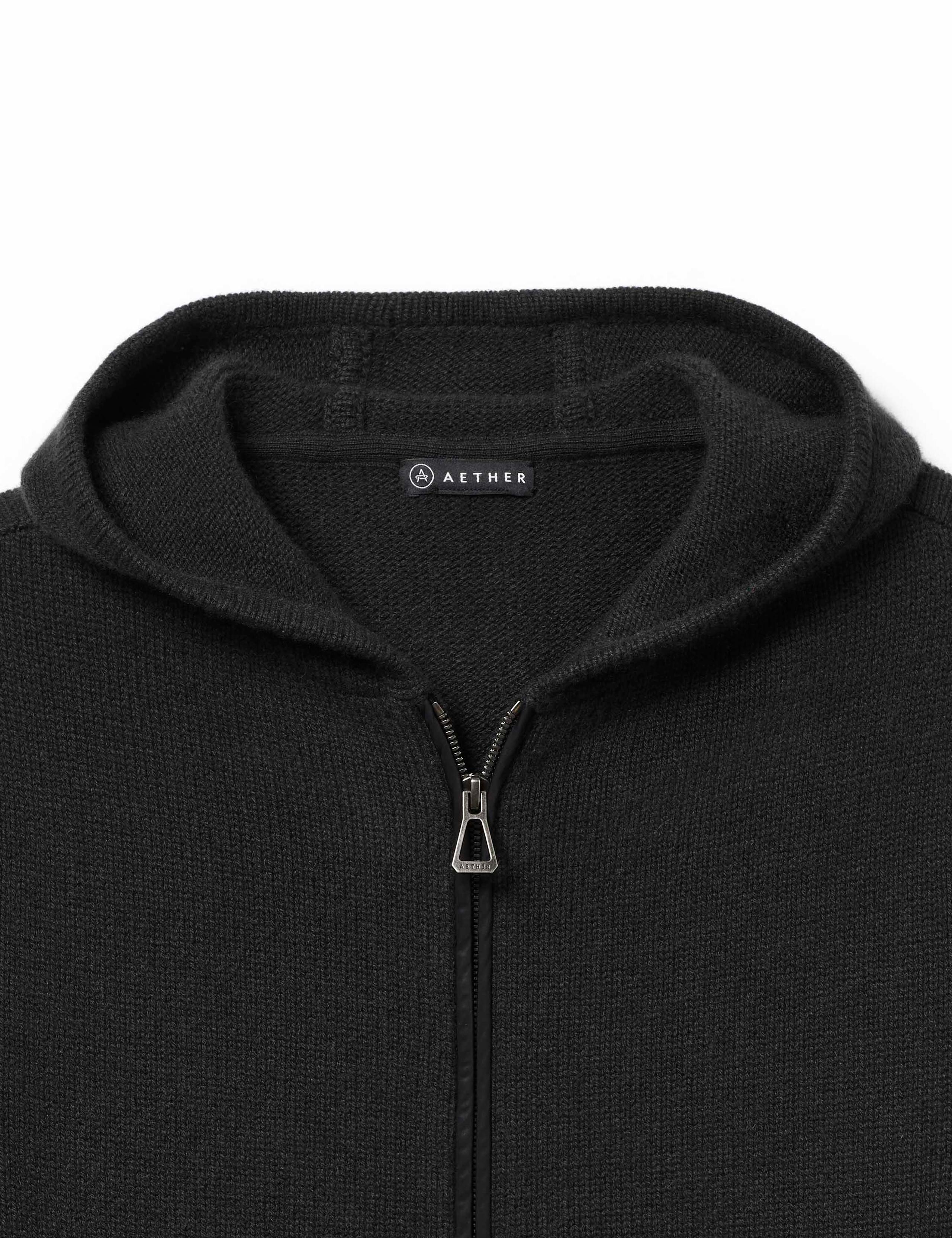 Detailed shot of the Sawyer Cashmere Full-Zip in Onyx Black