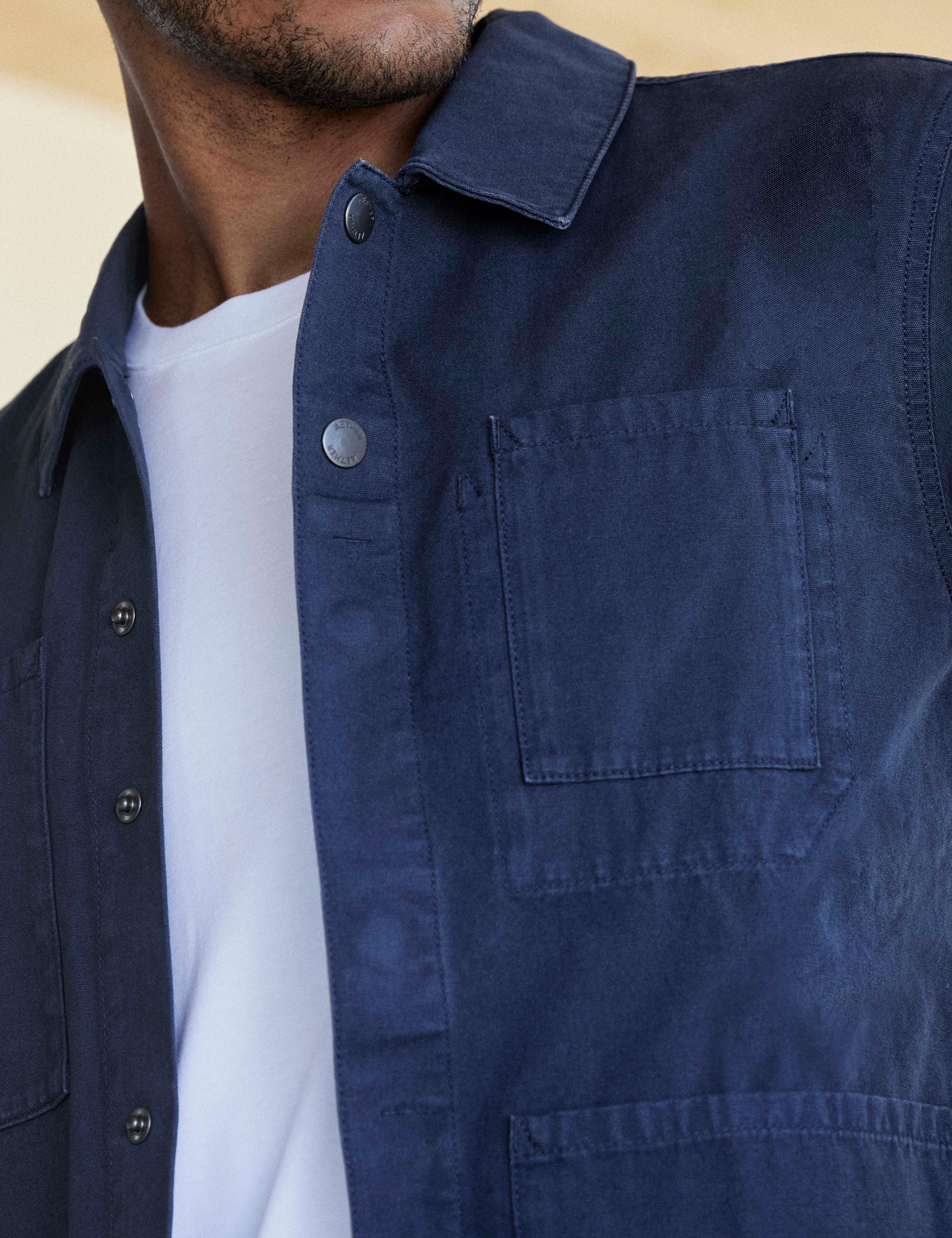 Detail of chest pocket of man wearing Morro Cotton Chore Jacket