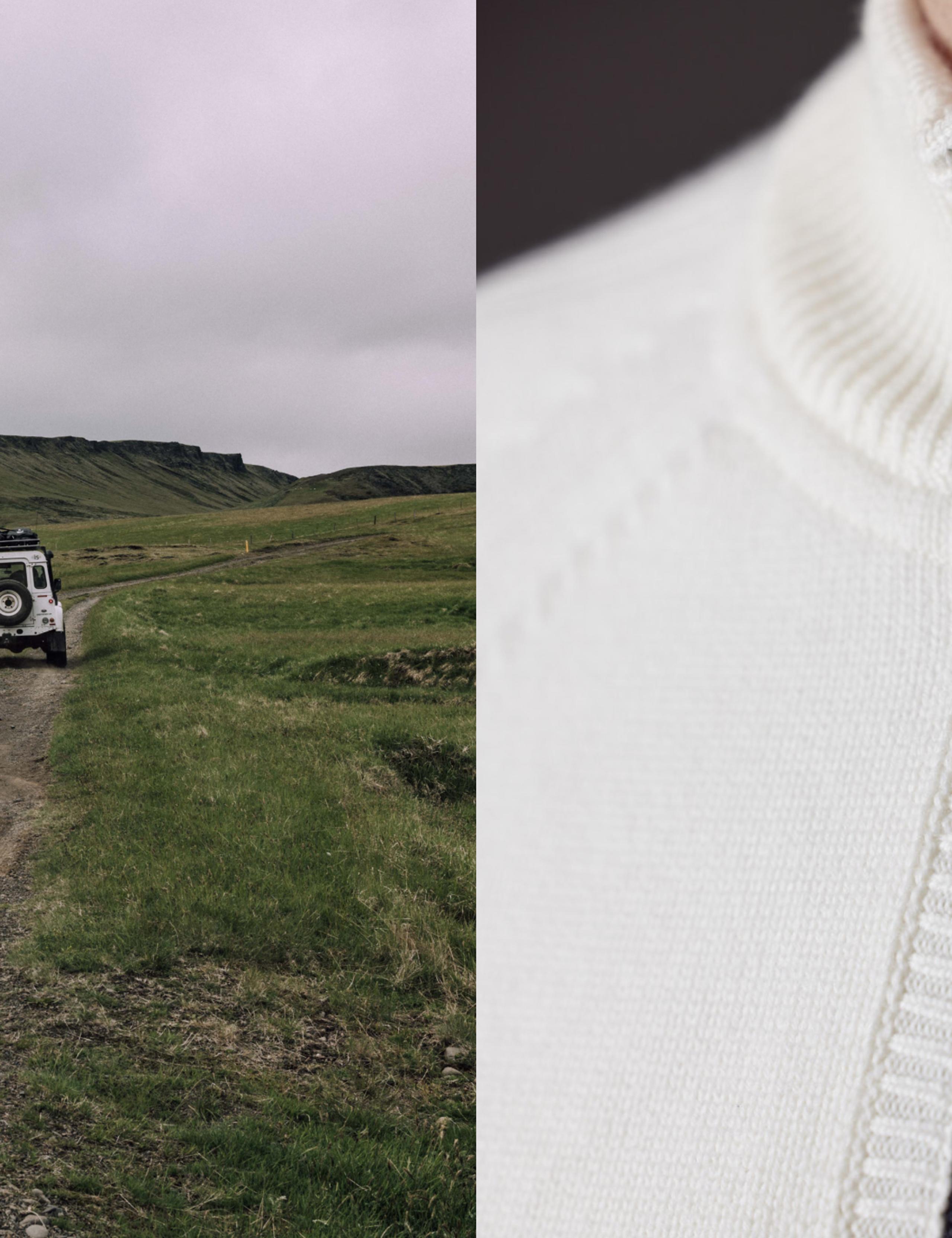AETHER Defender and Detailed shot of the Riley Full-Zip Sweater.