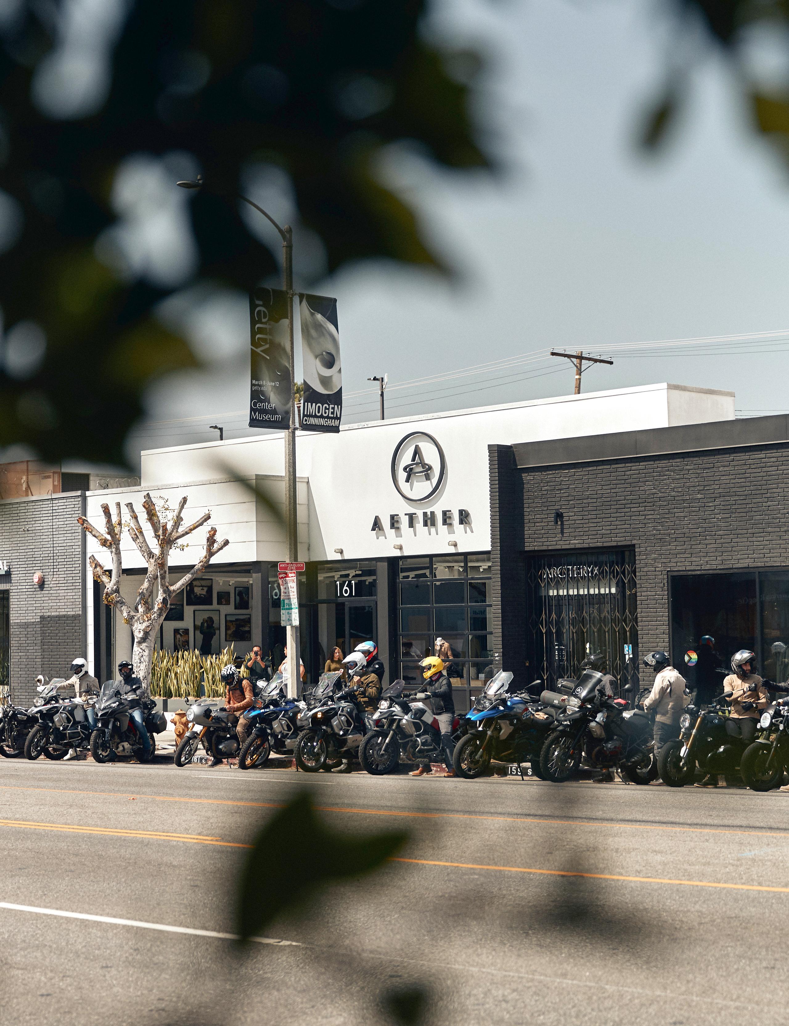 Exterior view of Los Angeles store with motorcycles lined up in front to start a group ride