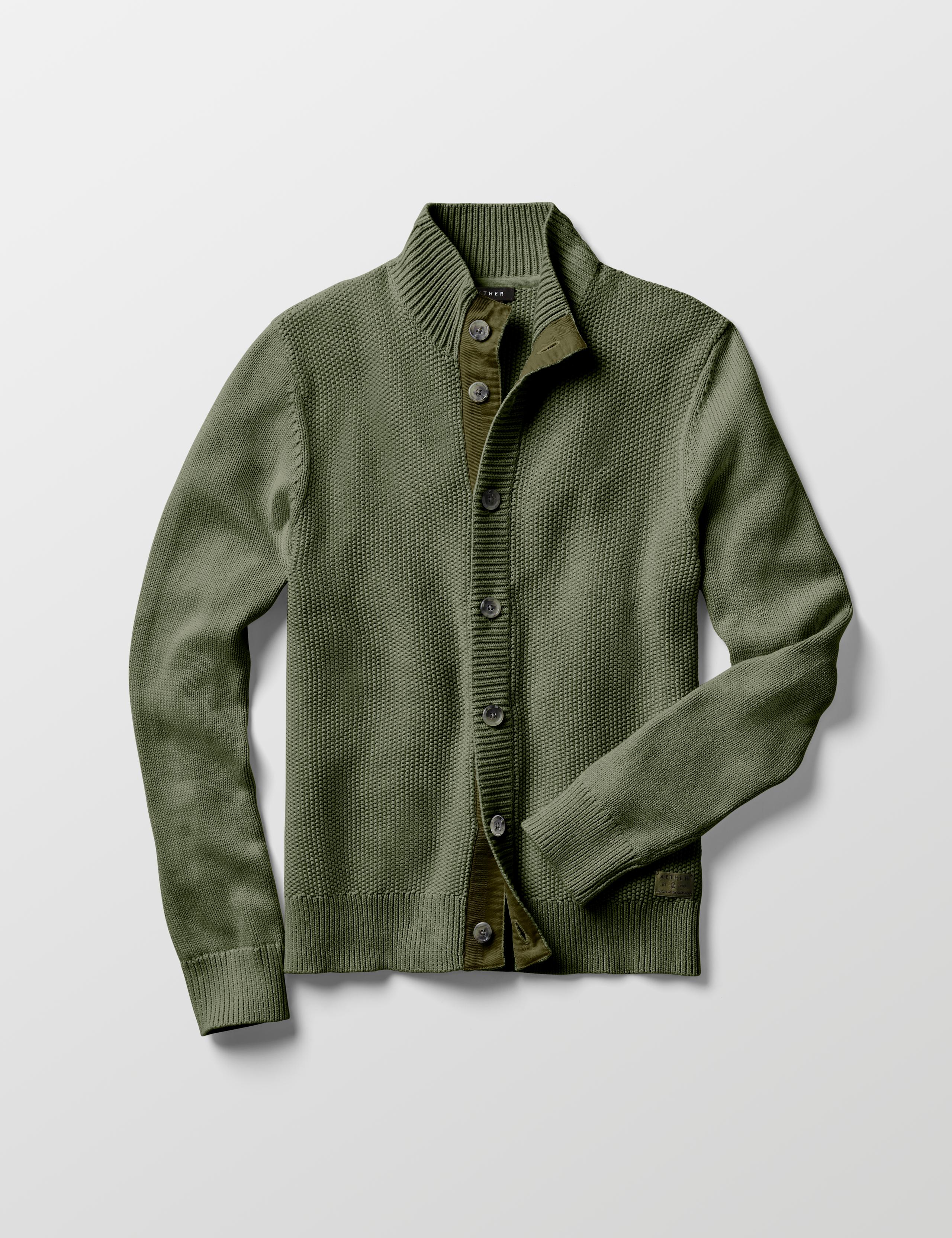Studio laydown of Oliver Button-Up Sweater in Fern Green