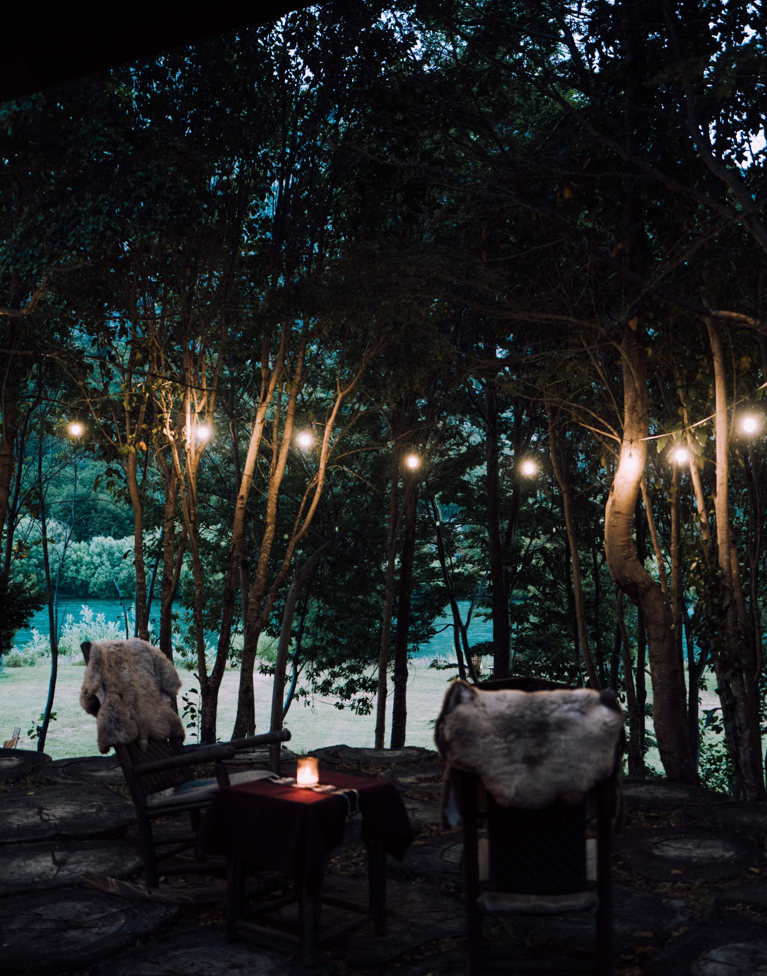 Empty chairs situated in private area with lights hanging from trees