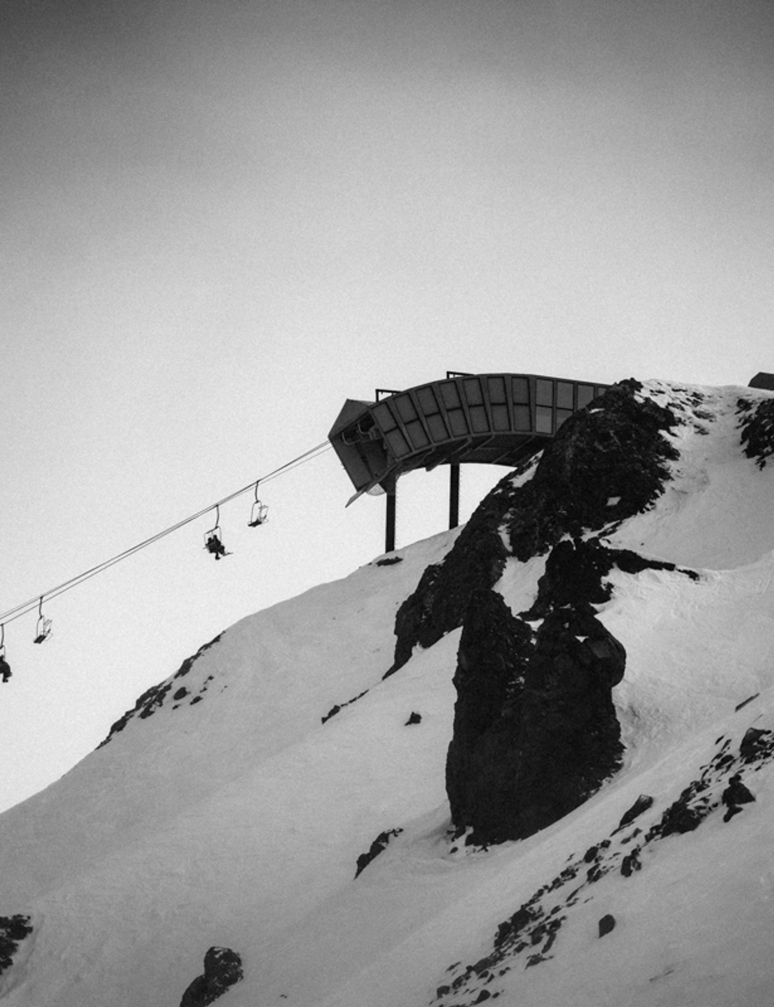 Black and white photo of ski lift on Mammoth Mountain, California