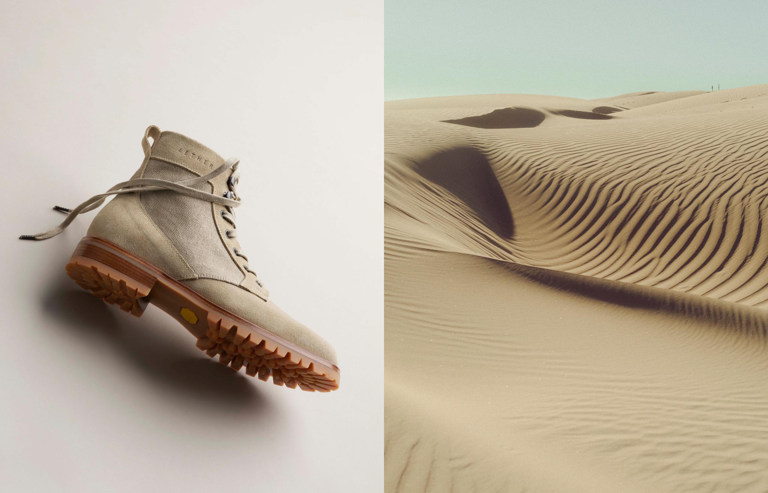Pairing of two images, on the left a studio photo of the Ojai boot and on the right windswept sand dunes