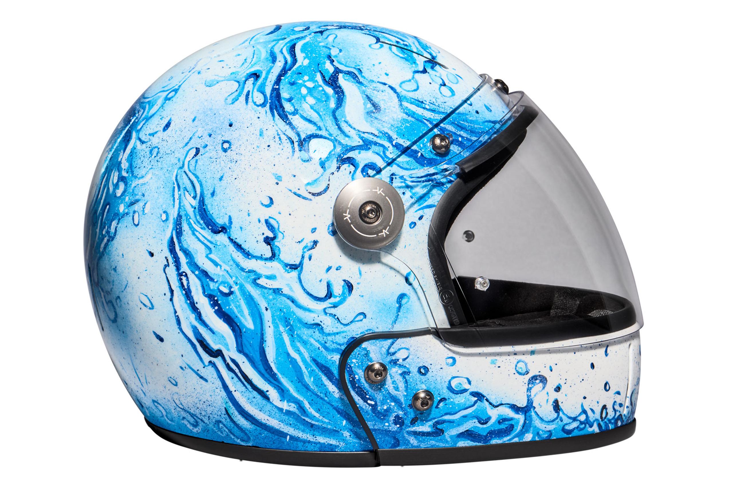 blue helmet with water design