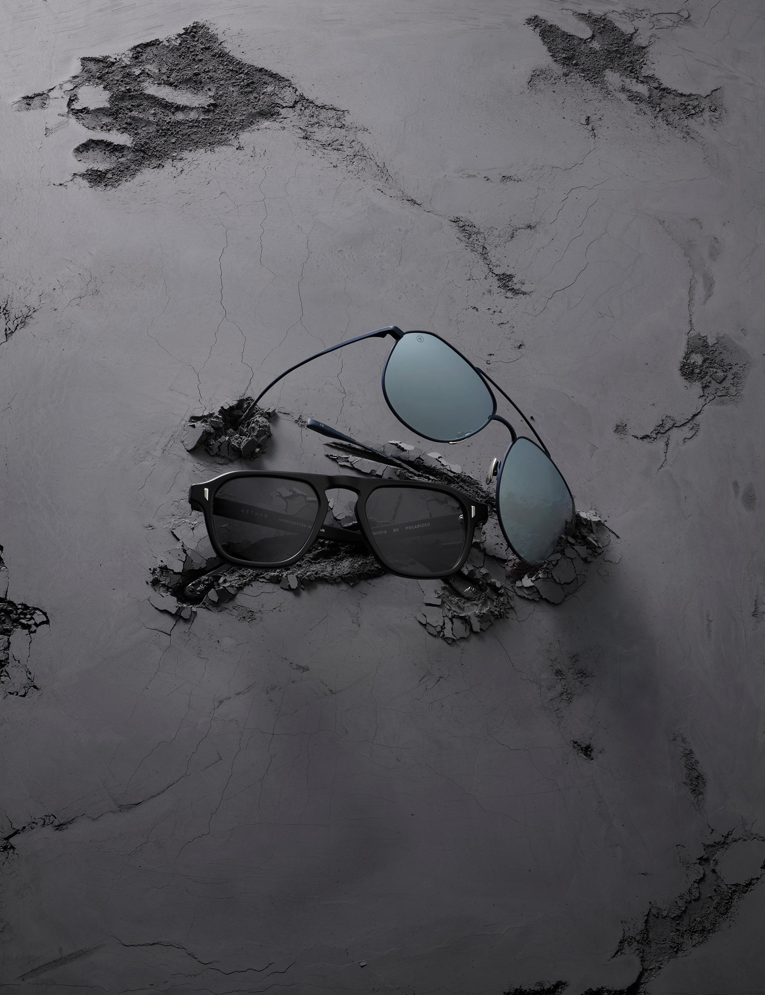 Sequoia and Bryce sunglasses arranged in studio on concrete looking material