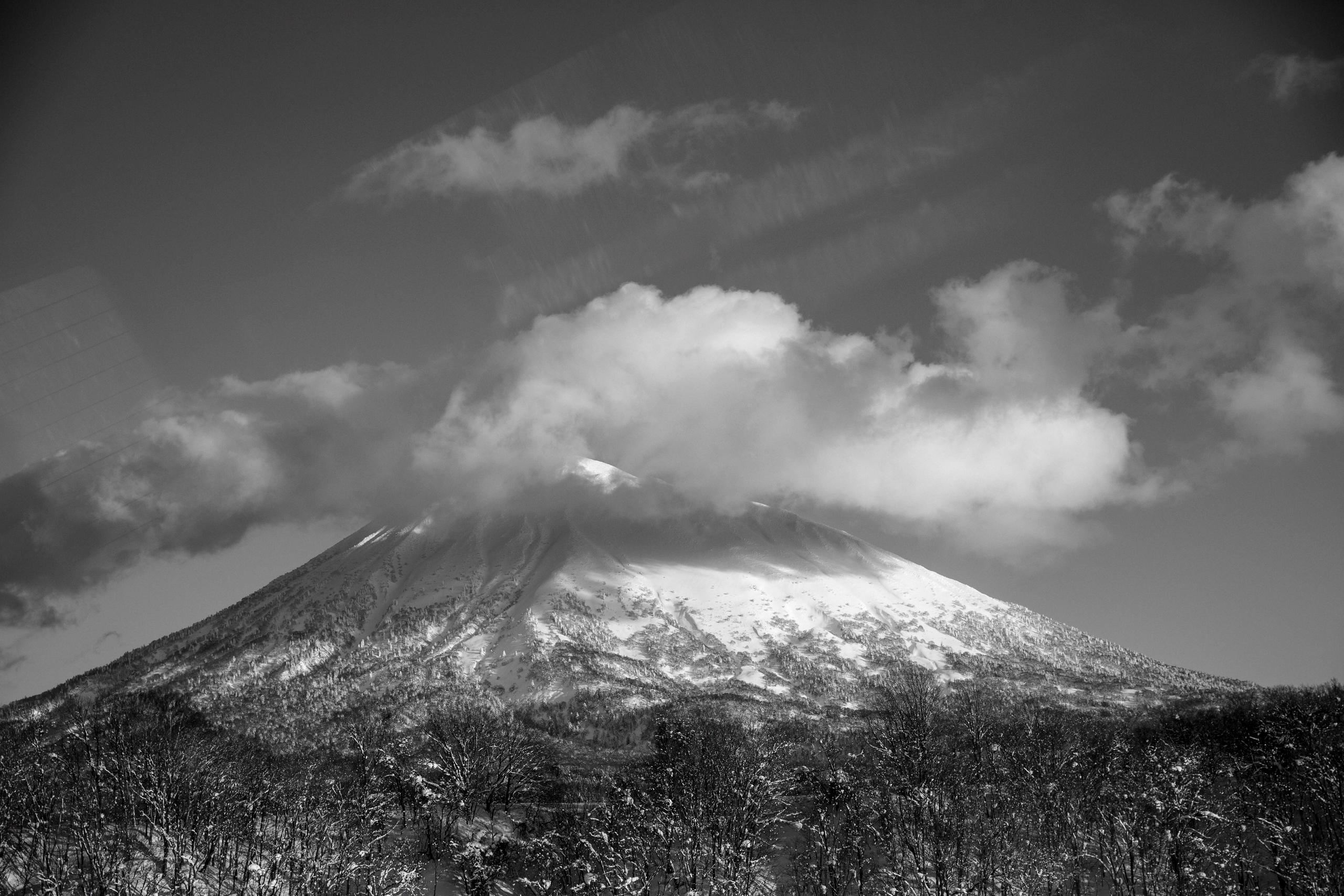 Black and white landscape of Mount Yōtei in Hokkaido, Japan