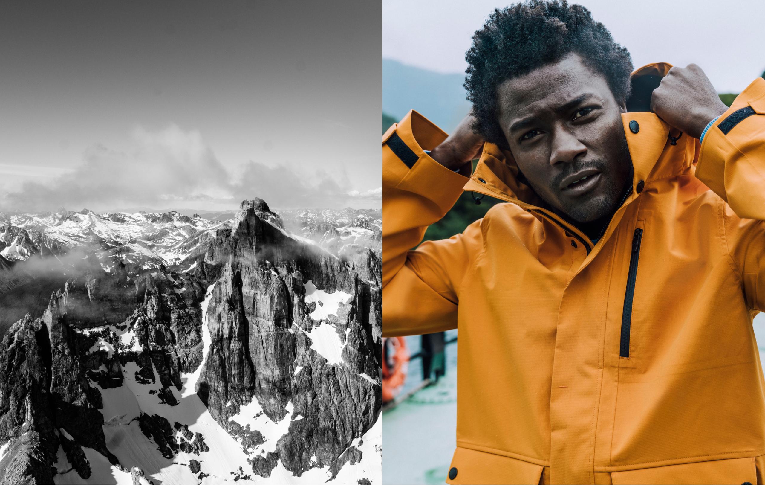 Black and white photo of snow-capped mountains in Patagonia next to a photo of a man wearing the Anders Rain Jacket 