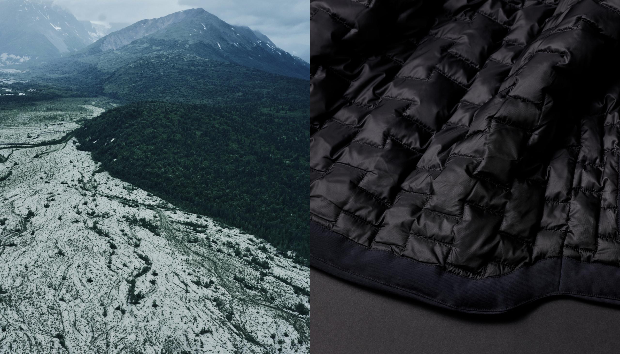 Mountainscape of Alaska and detail of Silverton Down Jacket
