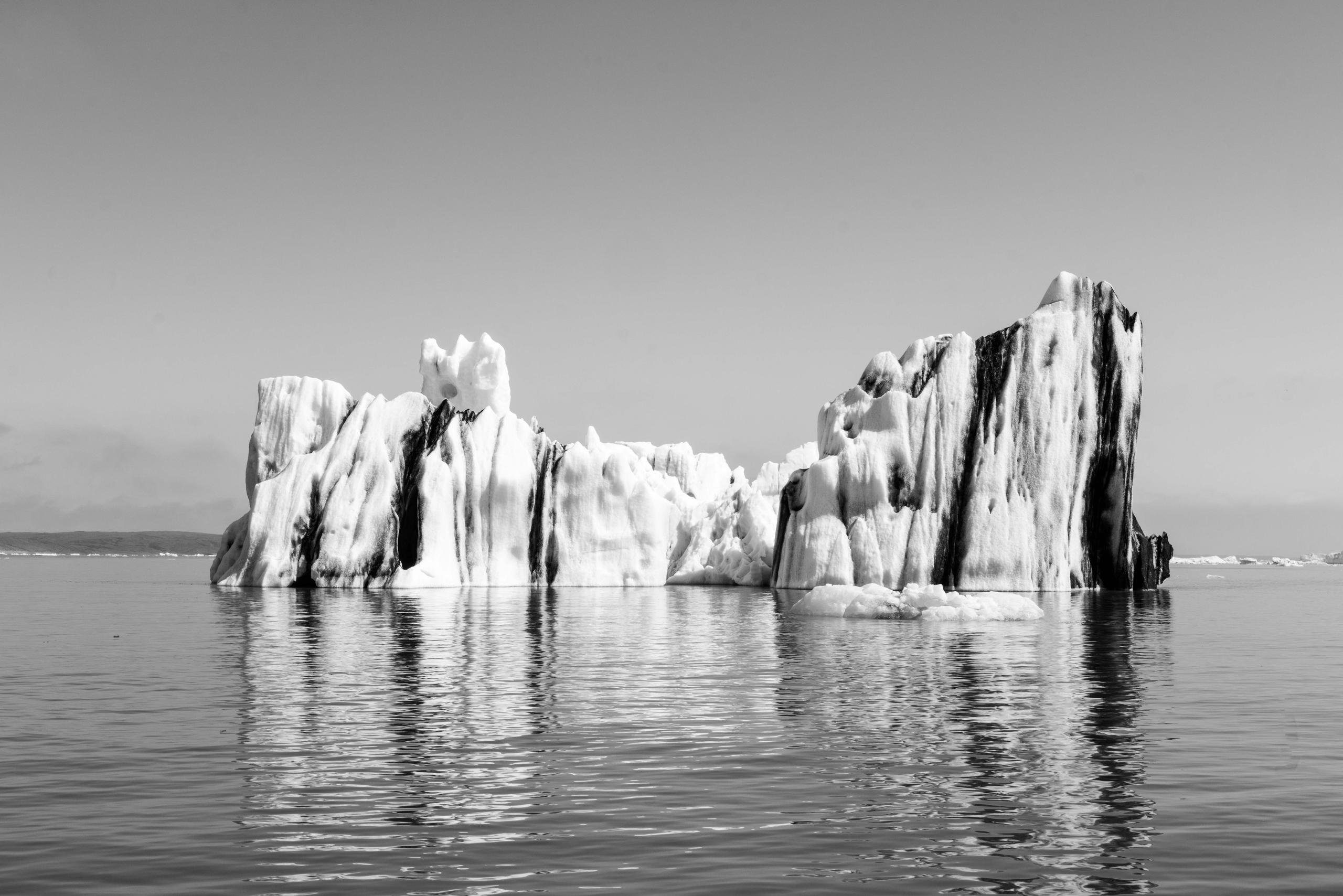 Black and white photo of glacier in Iceland waters