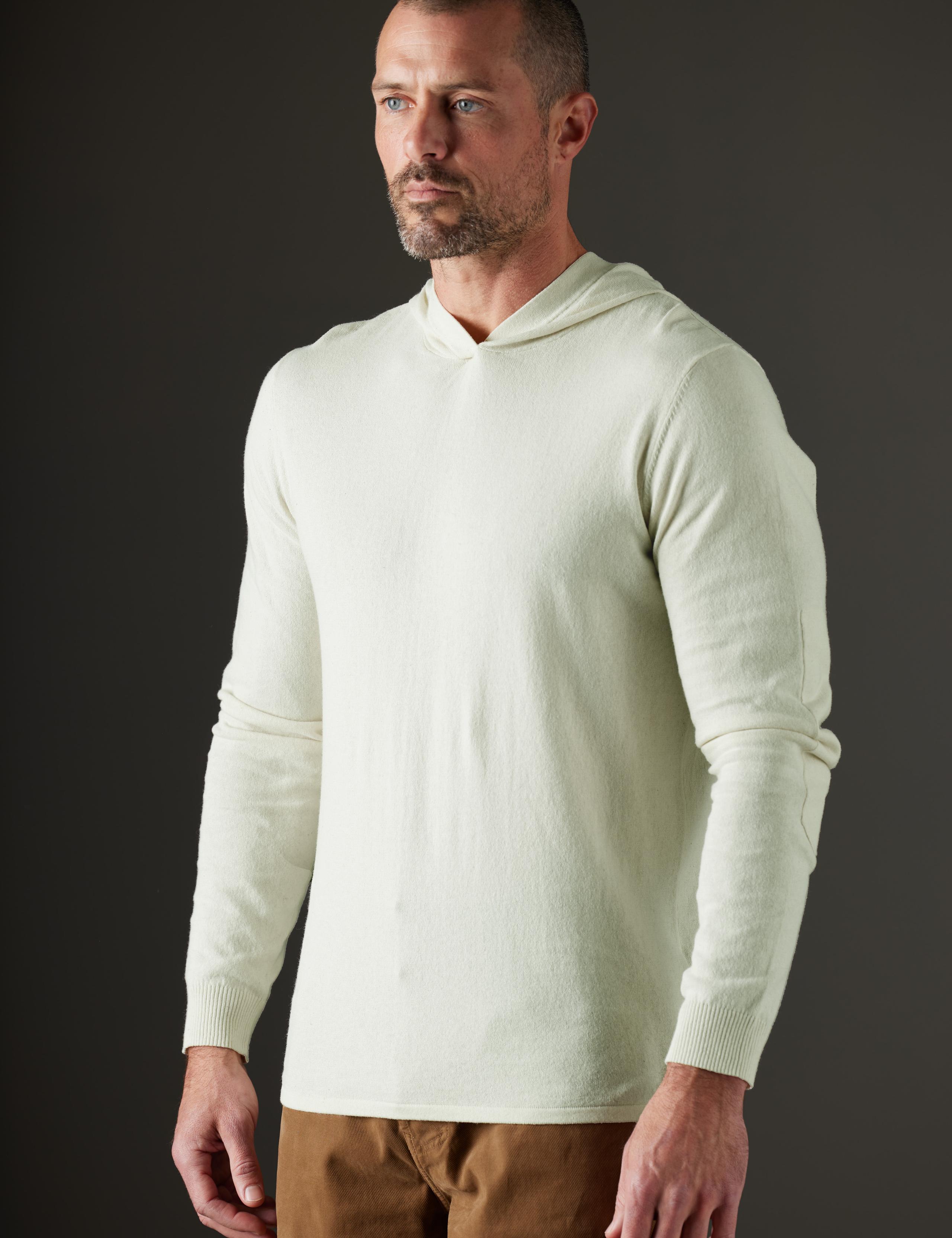 Man in studio wearing the Aero Hooded Sweater in Light Sage Heather