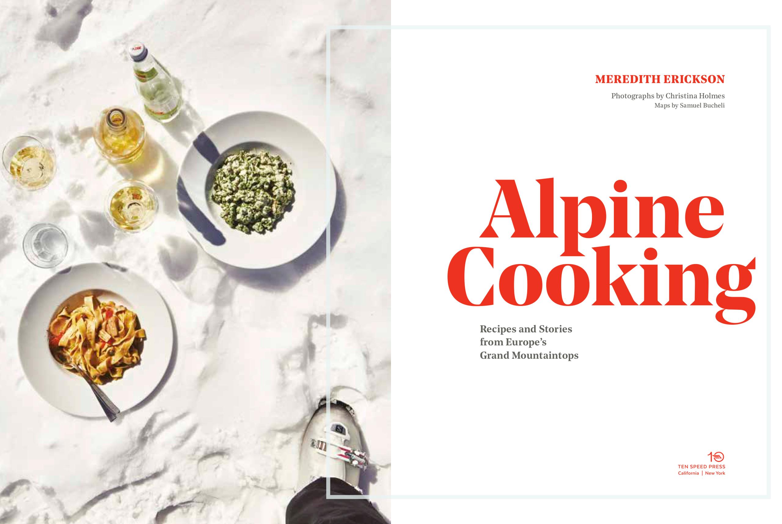 cookbook cover displaying food and drinks and title "Alpine Cooking"