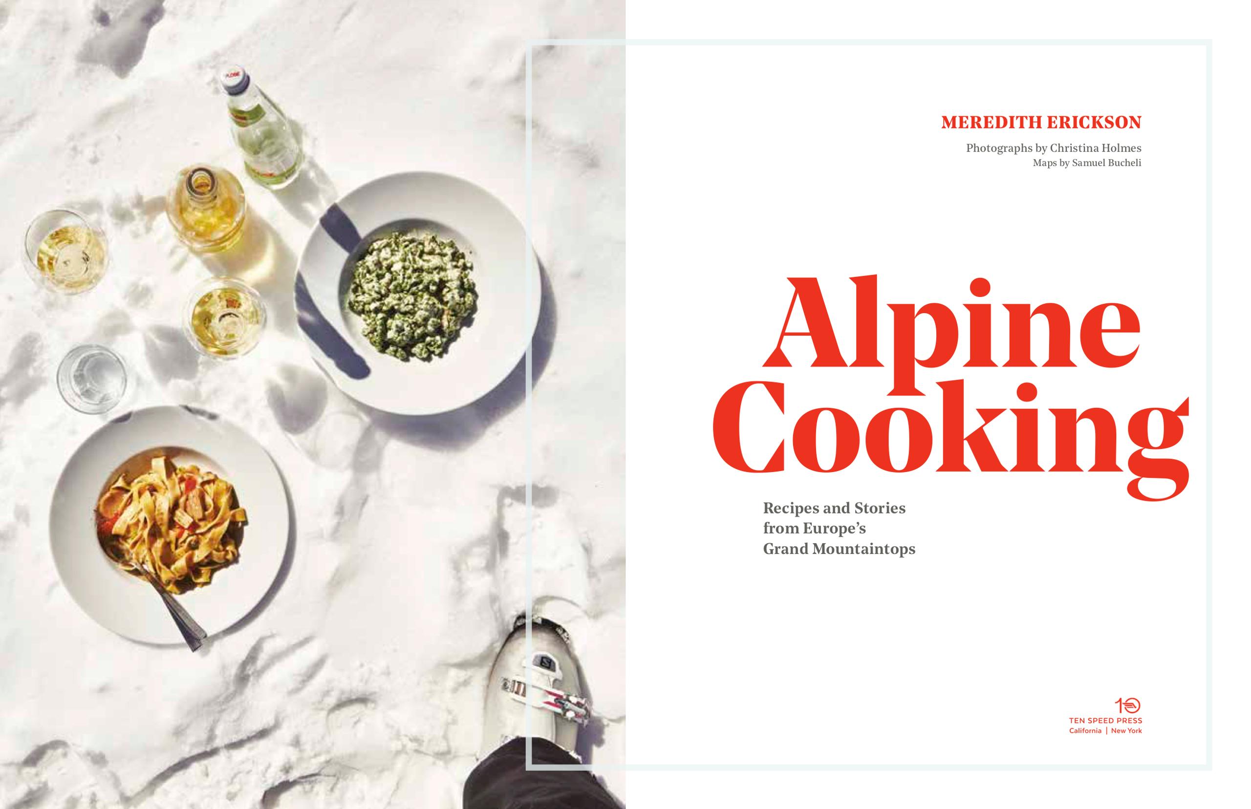 cookbook cover displaying food and drinks and title "Alpine Cooking"
