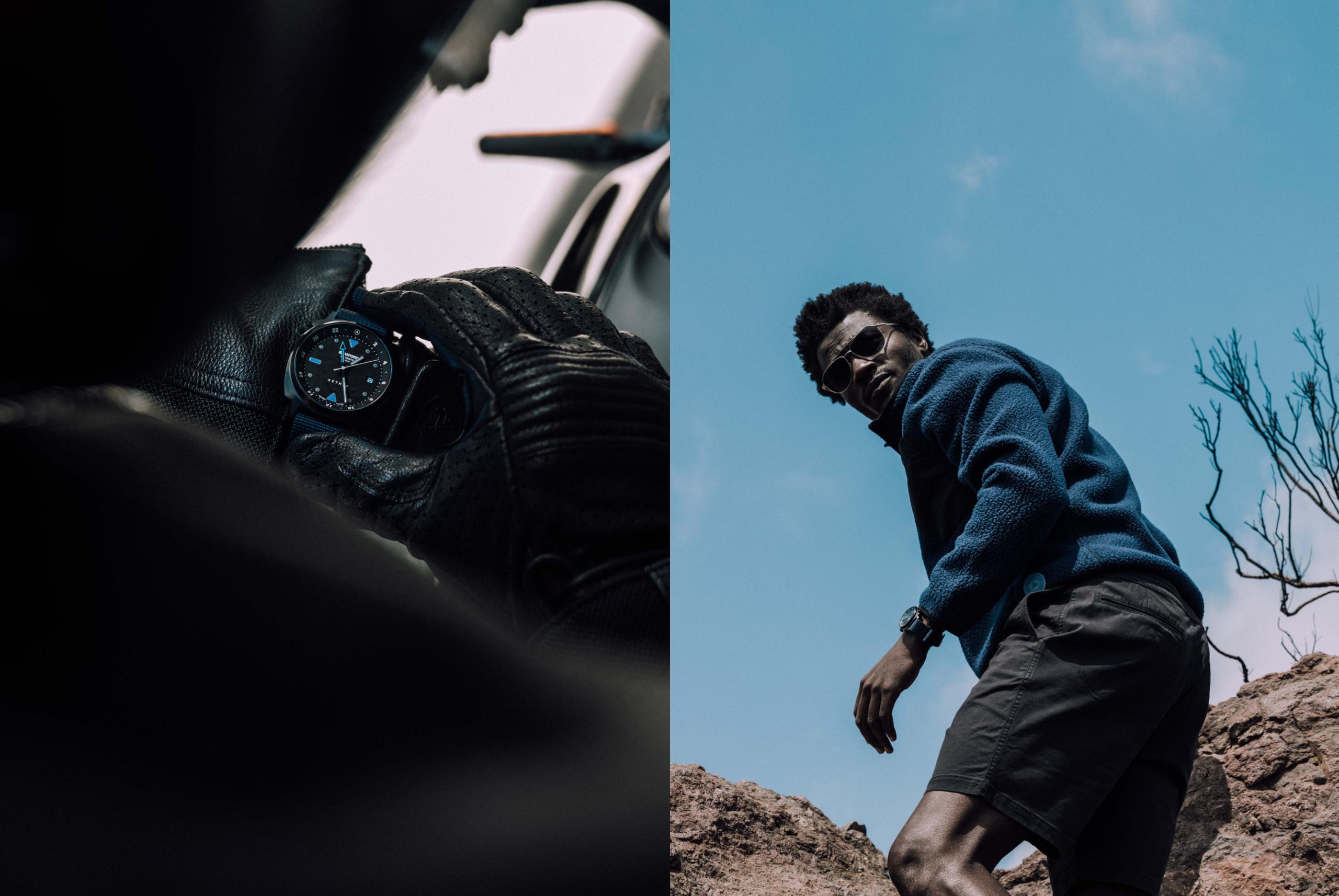 Two photos next to each other: Motorcyclist checking Bamford watch and man hiking through rocky terrain