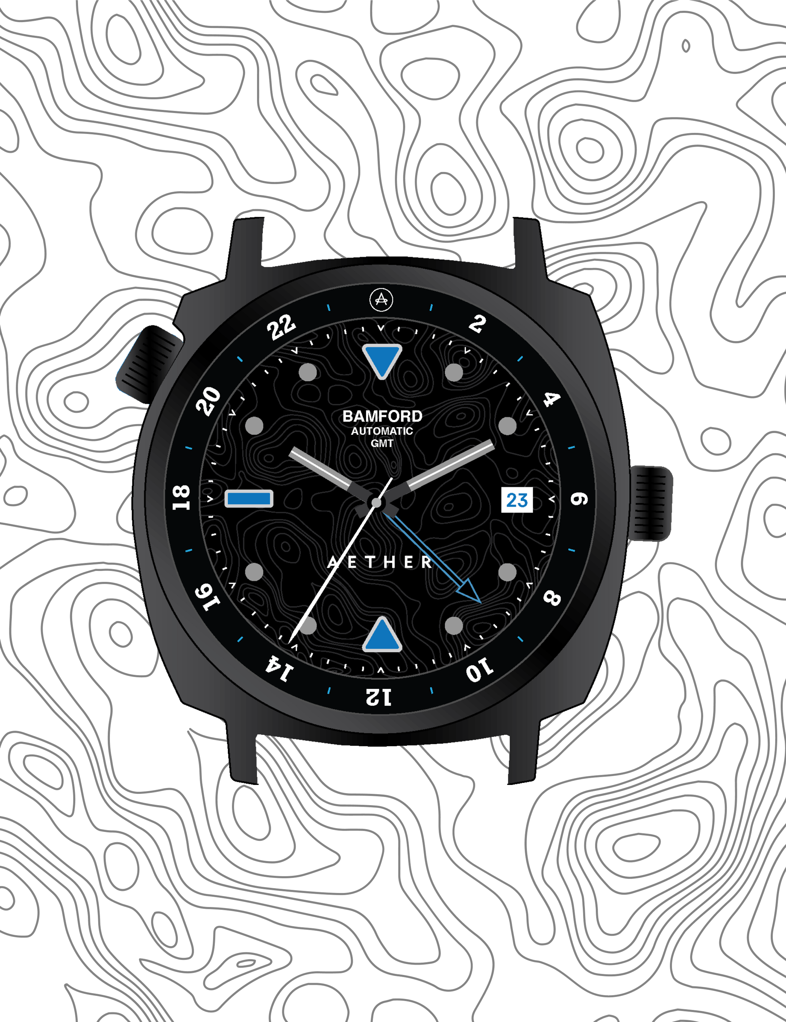 Final watch face design with topographic artwork in the background