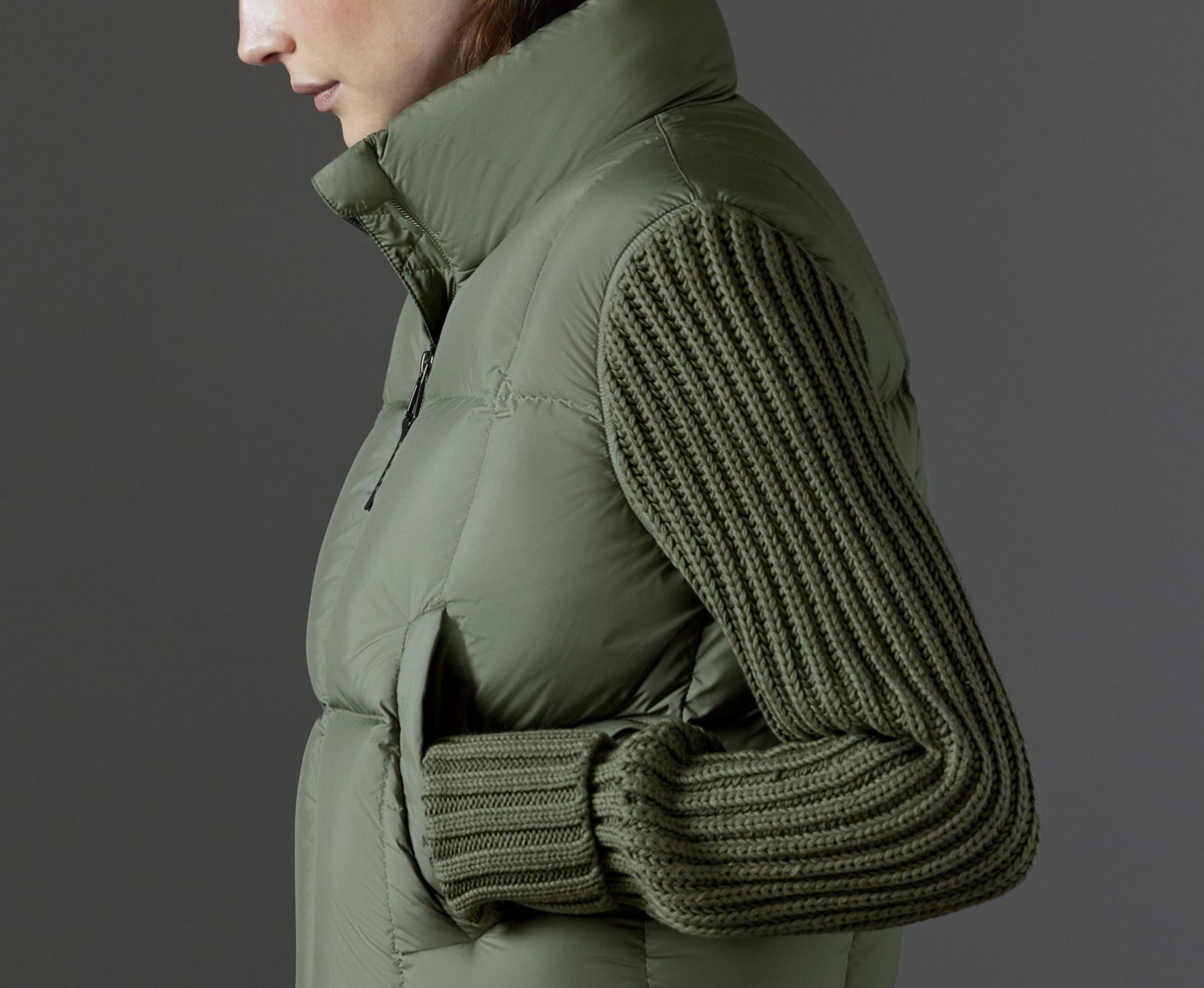 Closeup of shoulder and profile detail of Nina Cardigan-Sleeve Down Jacket