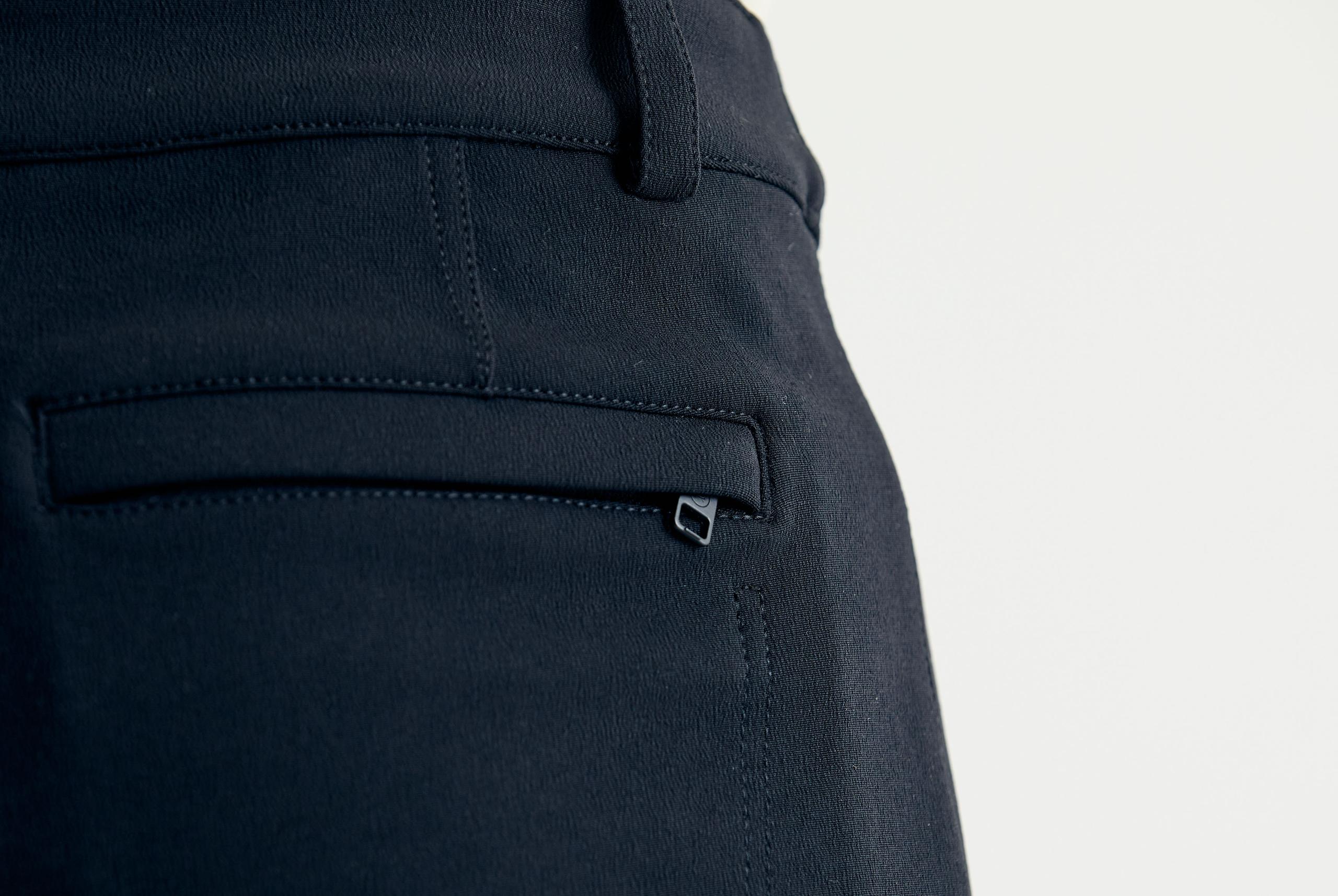 Closeup view of back pocket zipper
