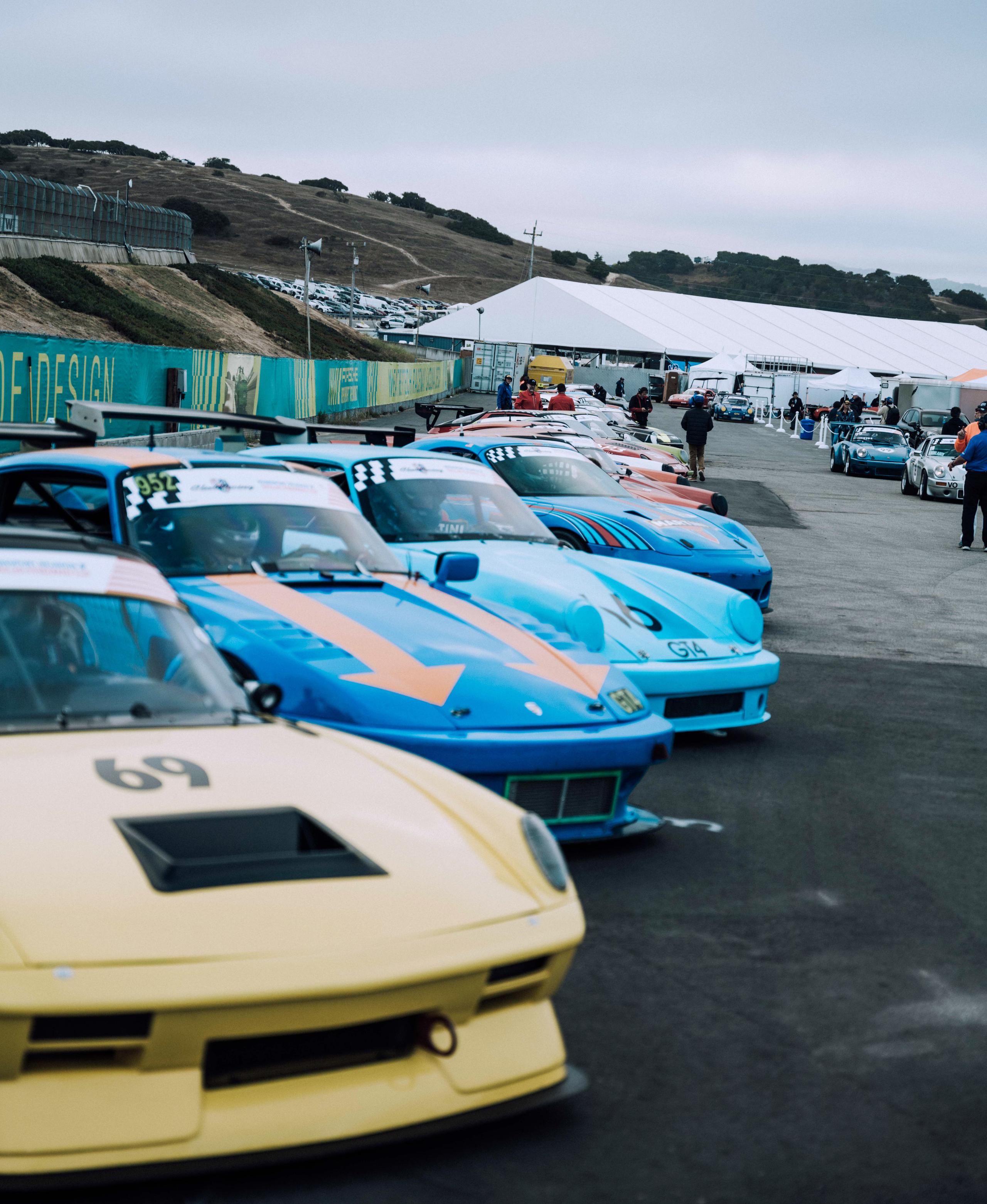 Vintage Porsche's lined up ready for racing