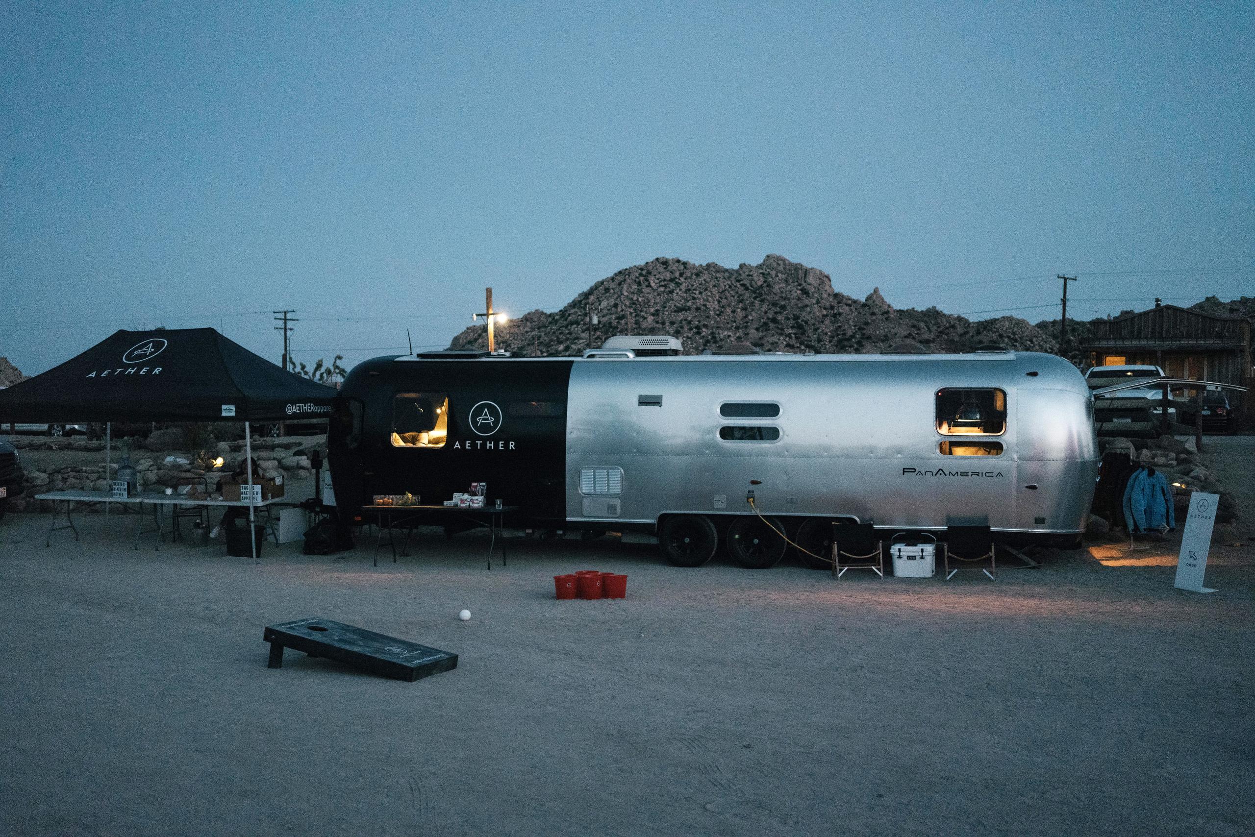 AETHERstream trailer at night at AETHER Rally in Joshua Tree, California