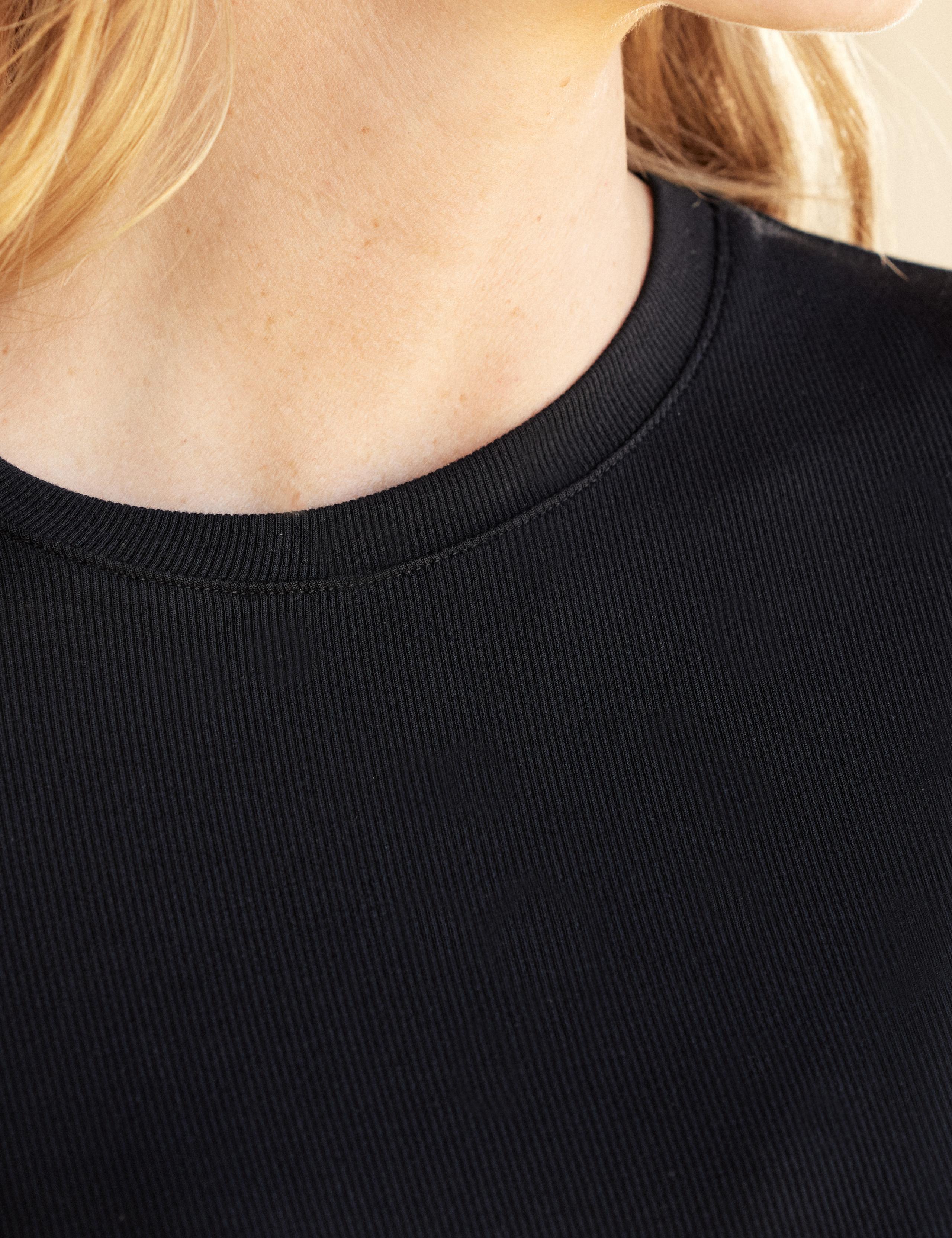 Detail view of neckline of woman wearing Legacy Long-Sleeve Crew