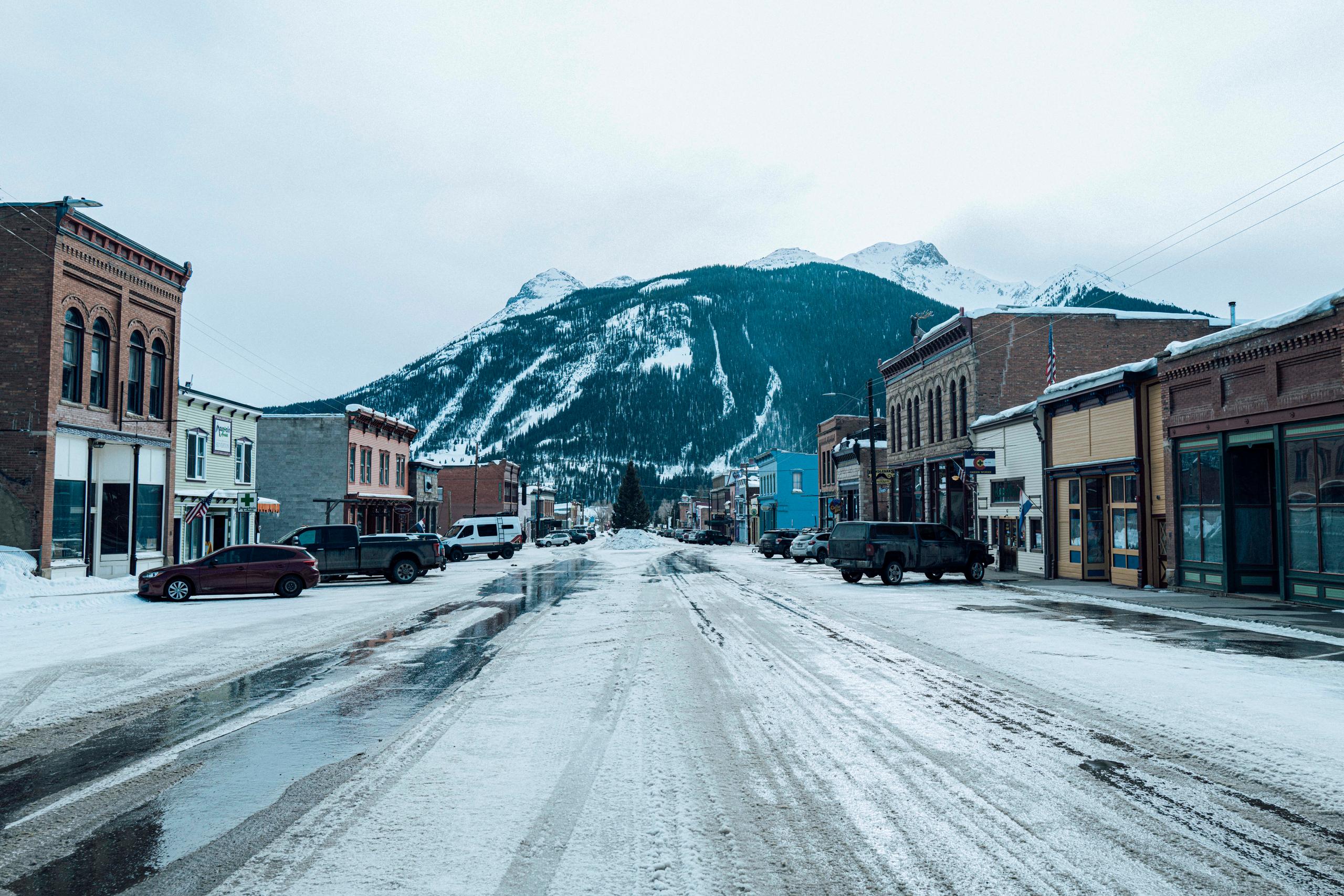 View of Silverton main street overlooking mountains in background