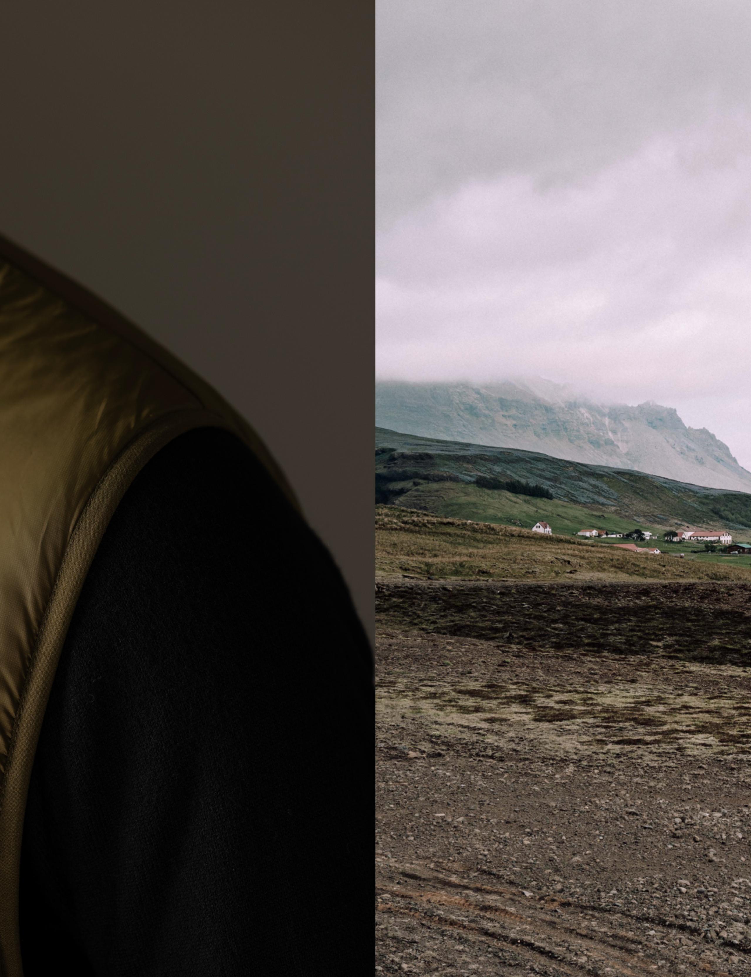 Detail of Eco Insulated Vest next to scenic image of Iceland. 