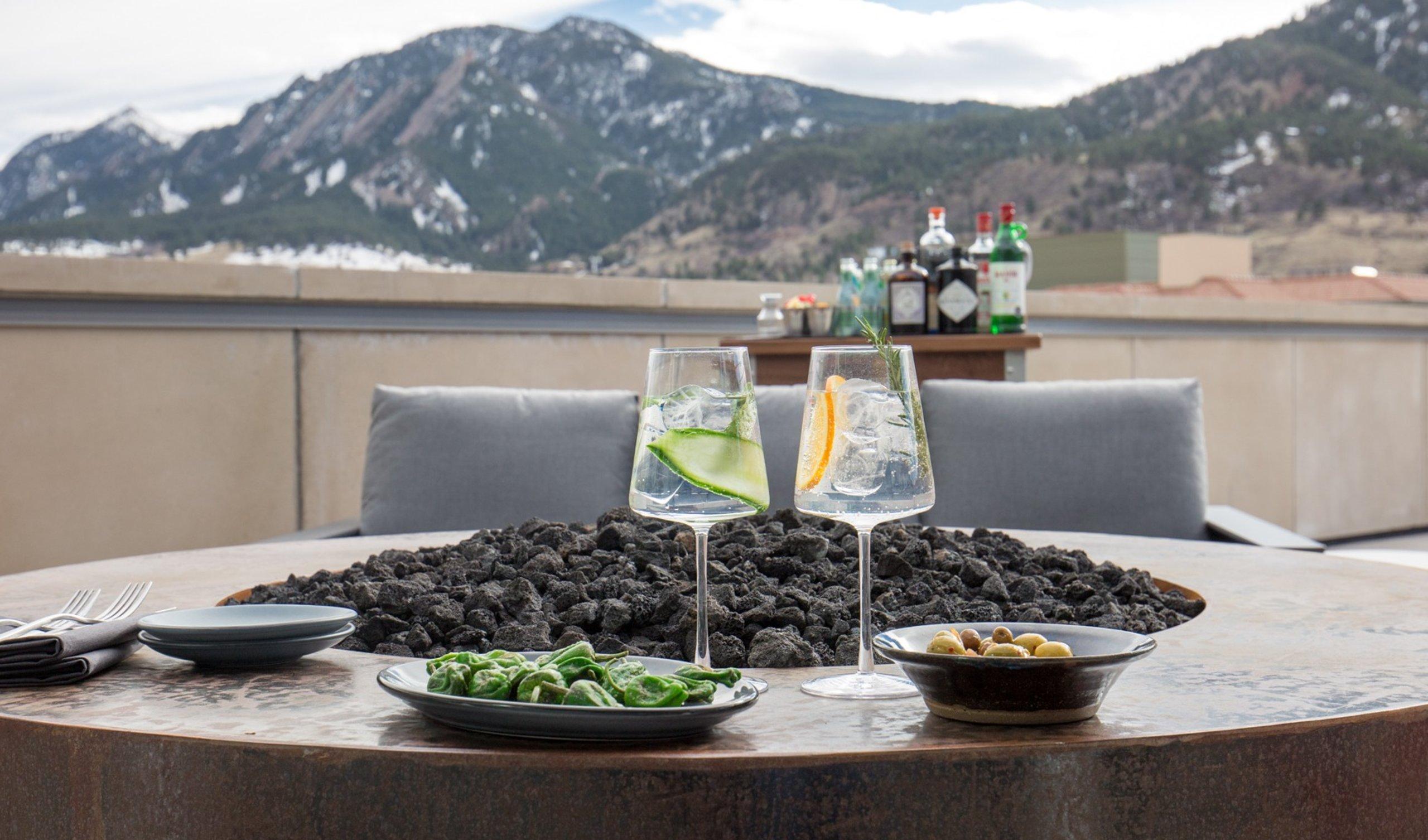 Outdoor table view with mountains in background