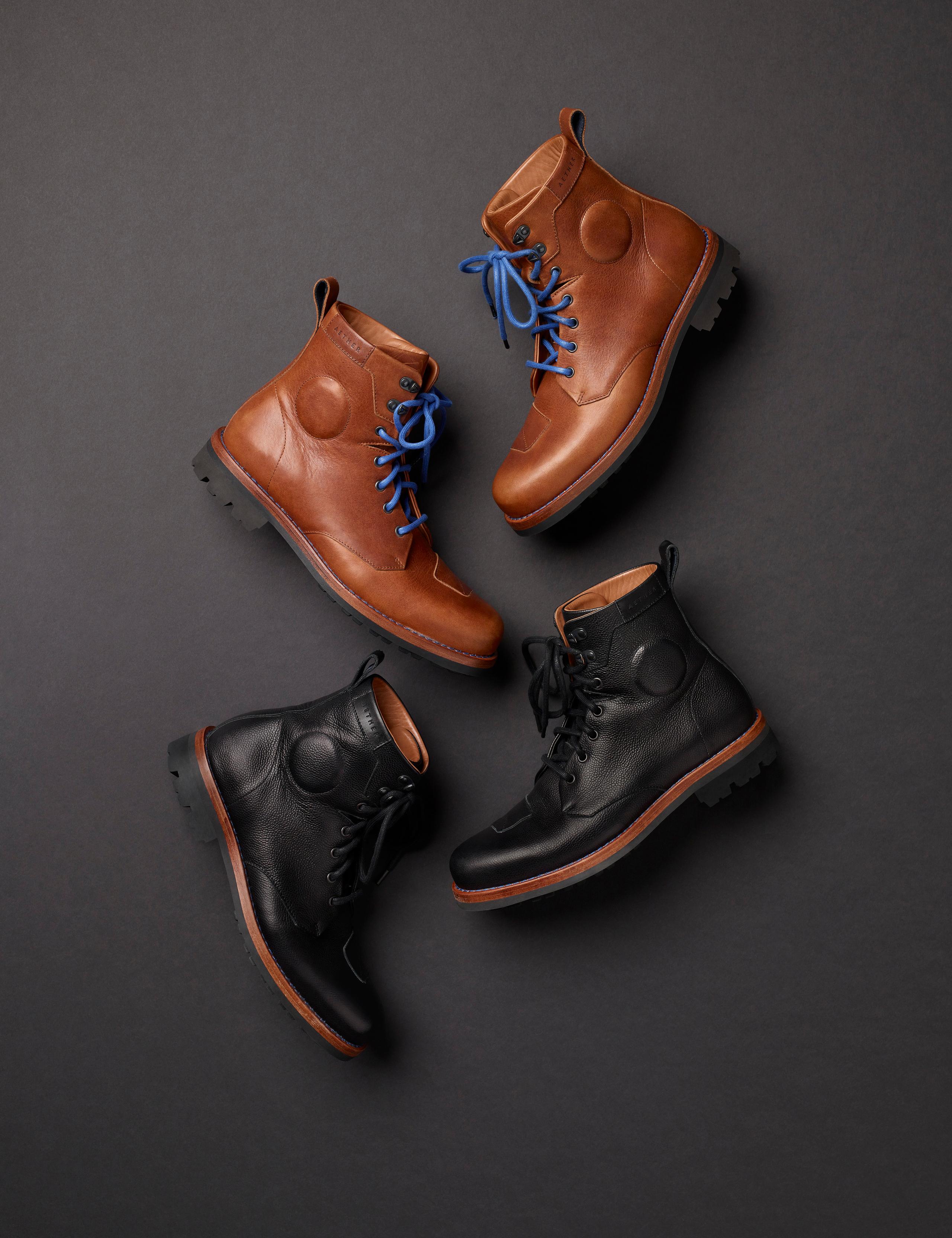 Studio lay-down of Aether Moto Boots